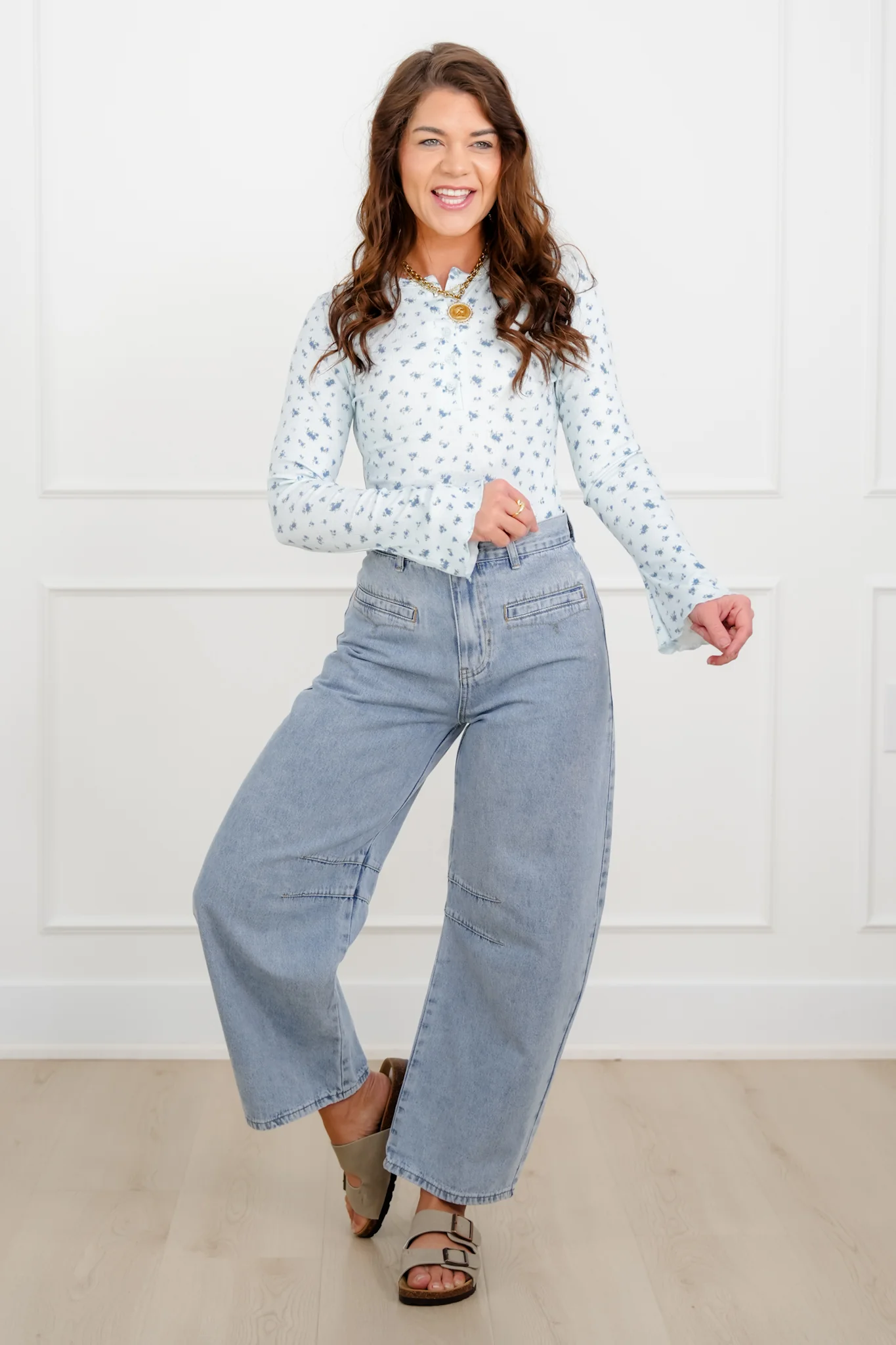 Blue Floral Print Long Bell Sleeve Bodysuit - Image 3
