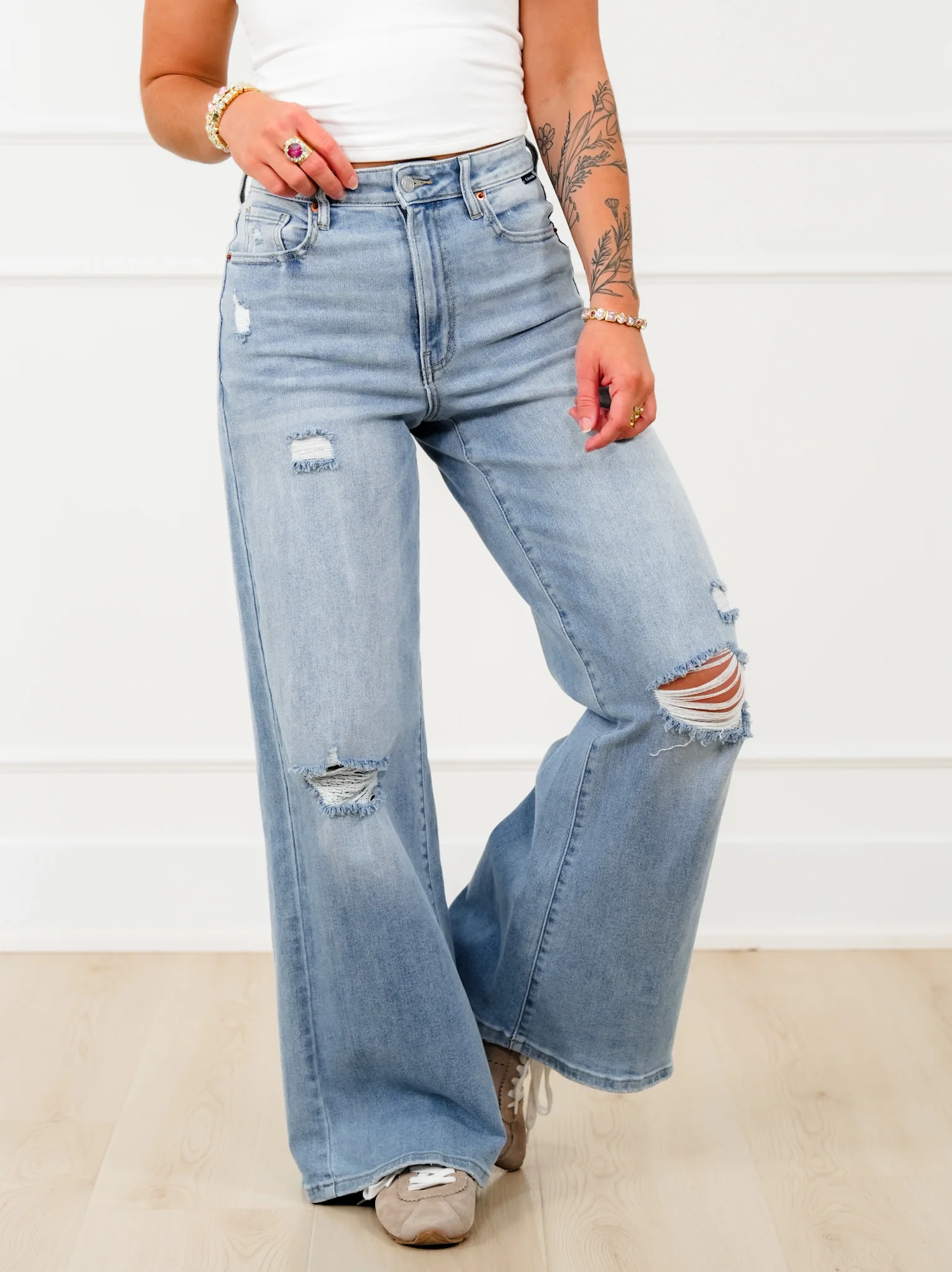 Cello High Rise Light Wash Distressed Wide Leg Jeans - Image 2