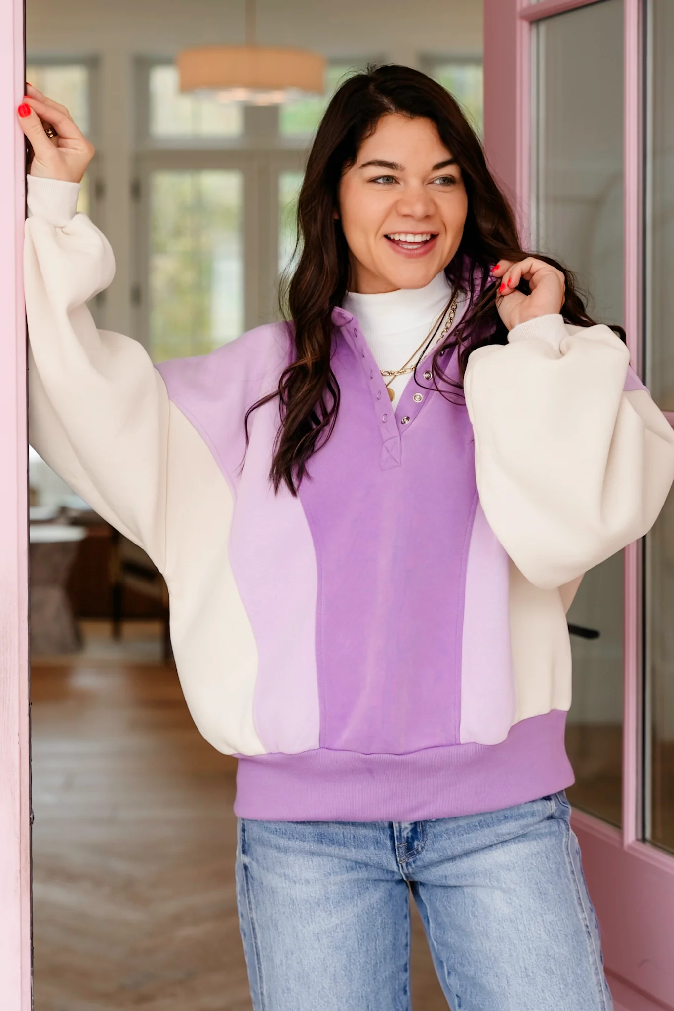 Color Block Long Sleeve Half Button Up Sweatshirt - Image 2