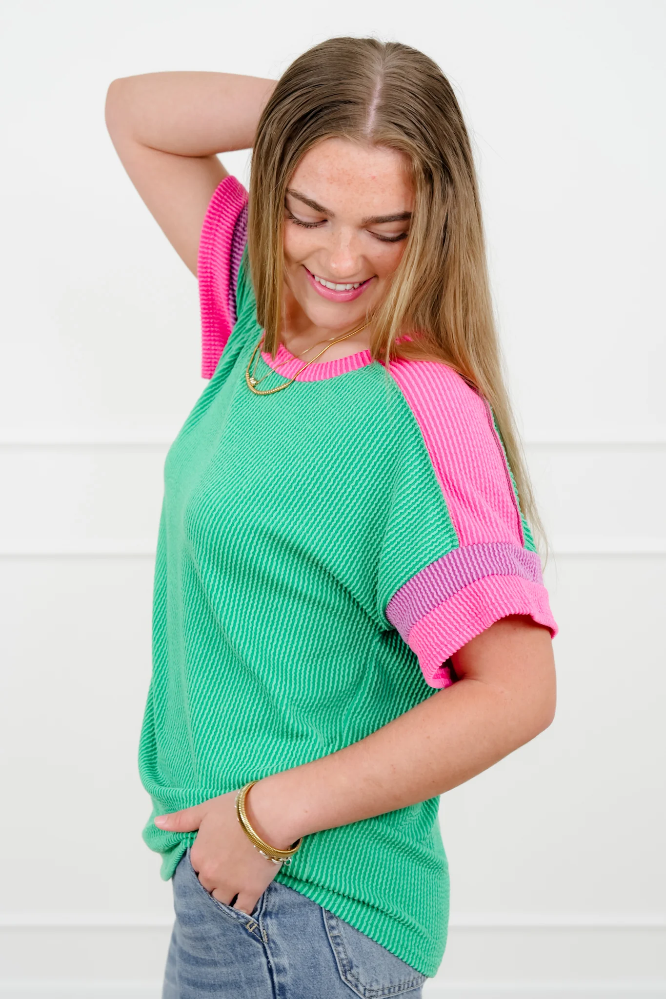 Color Block Urban Ribbed Short Sleeve Top - Image 2