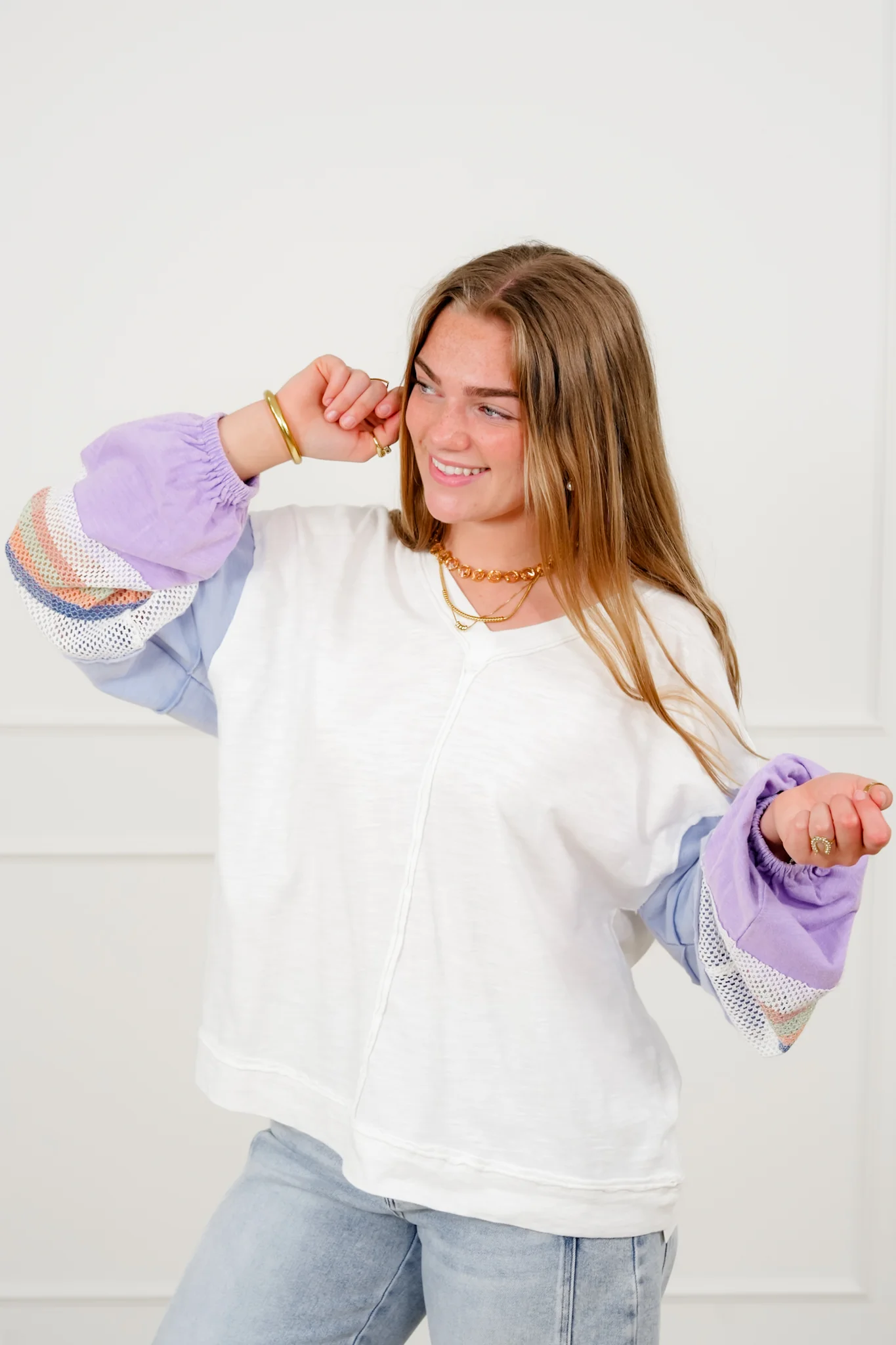 Cotton Long Stripe Sleeve V Neck Top - Image 7