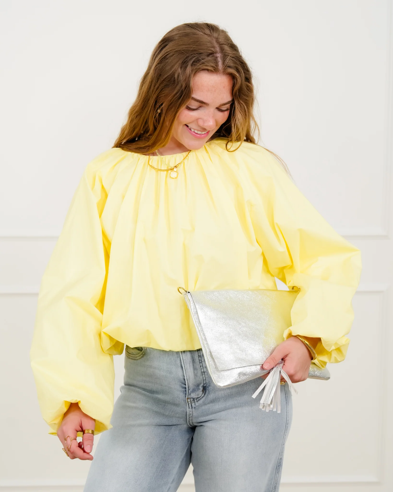 Cropped Long Sleeve Round Neck Blouse