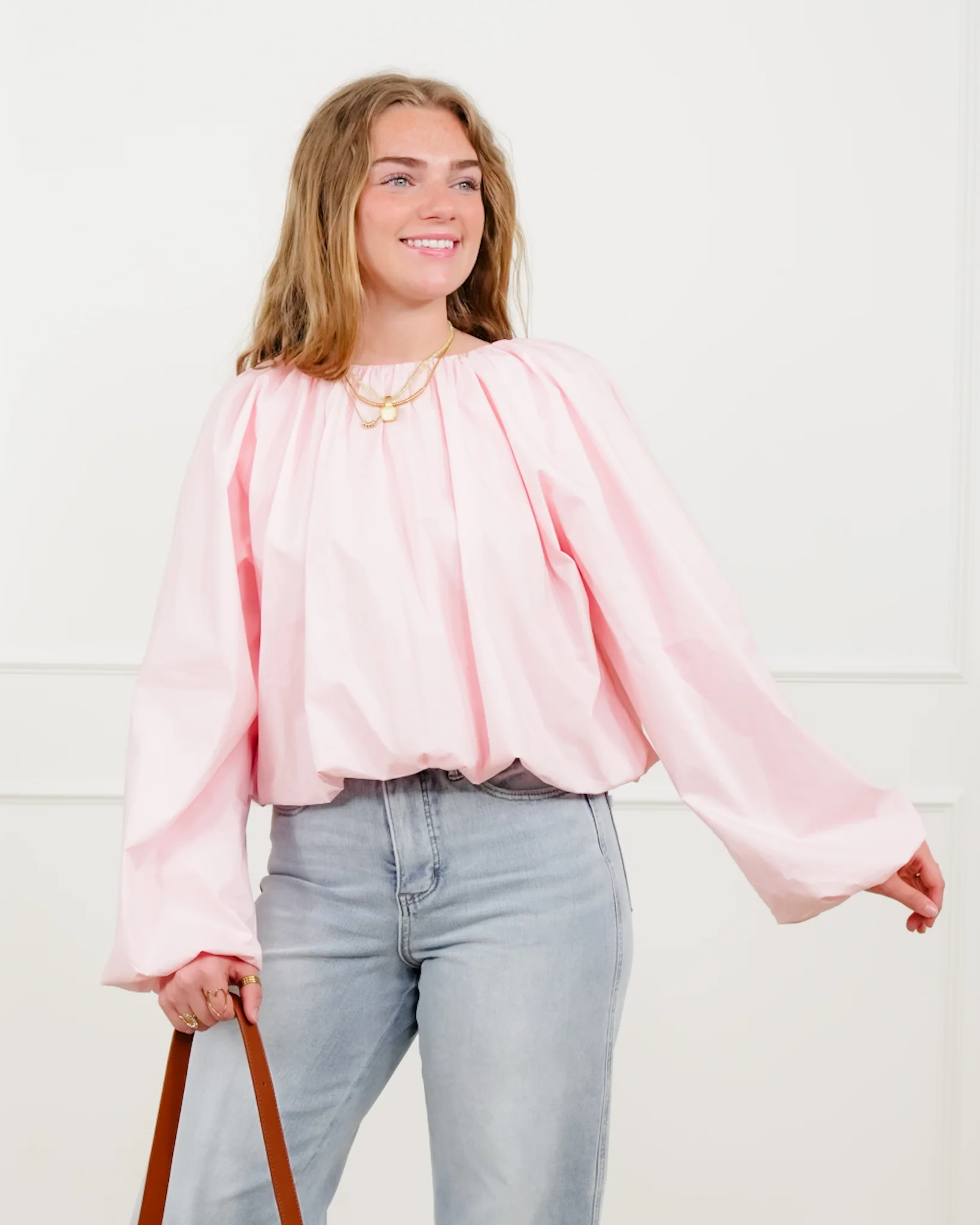 Cropped Long Sleeve Round Neck Blouse - Image 2
