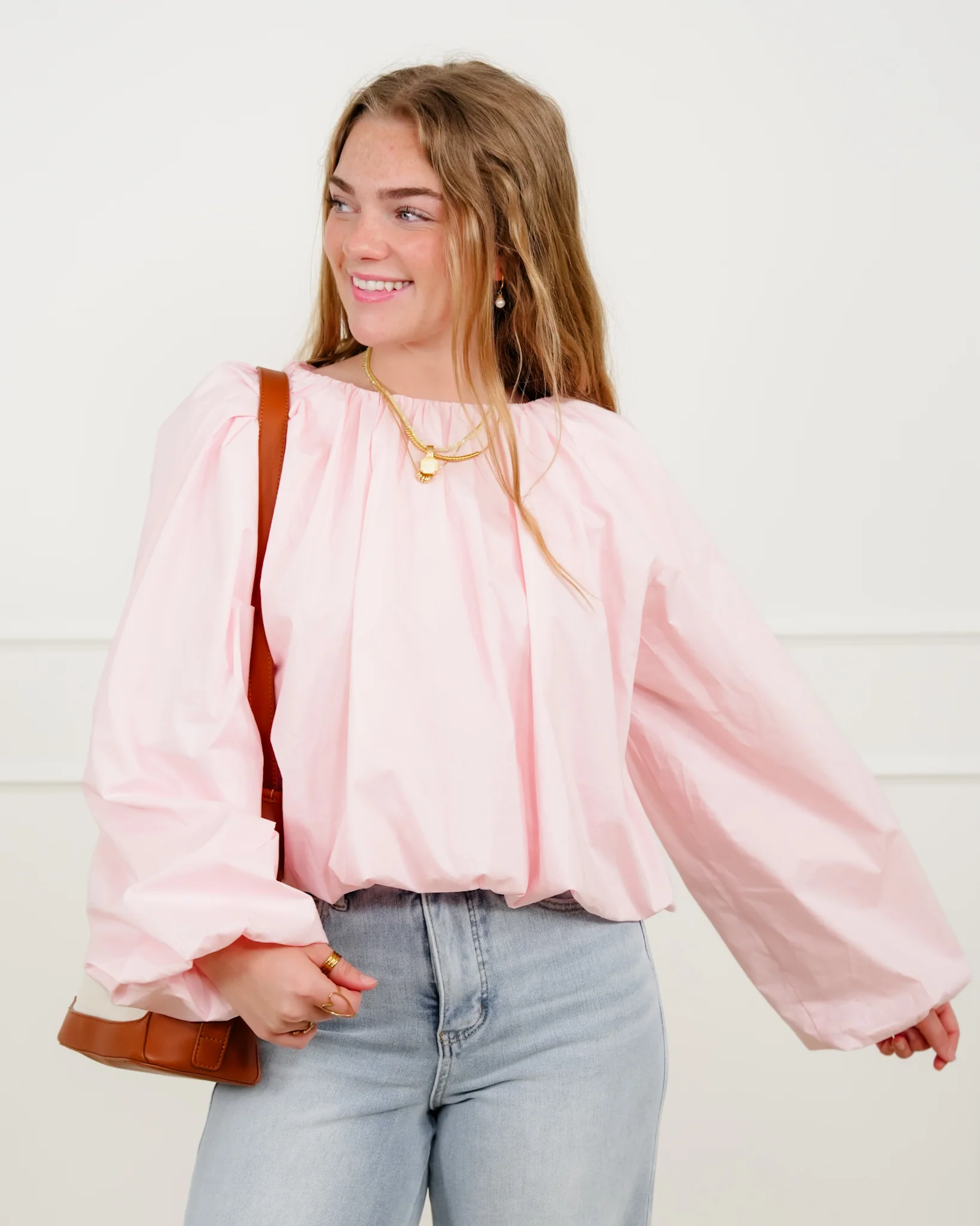 Cropped Long Sleeve Round Neck Blouse - Image 7