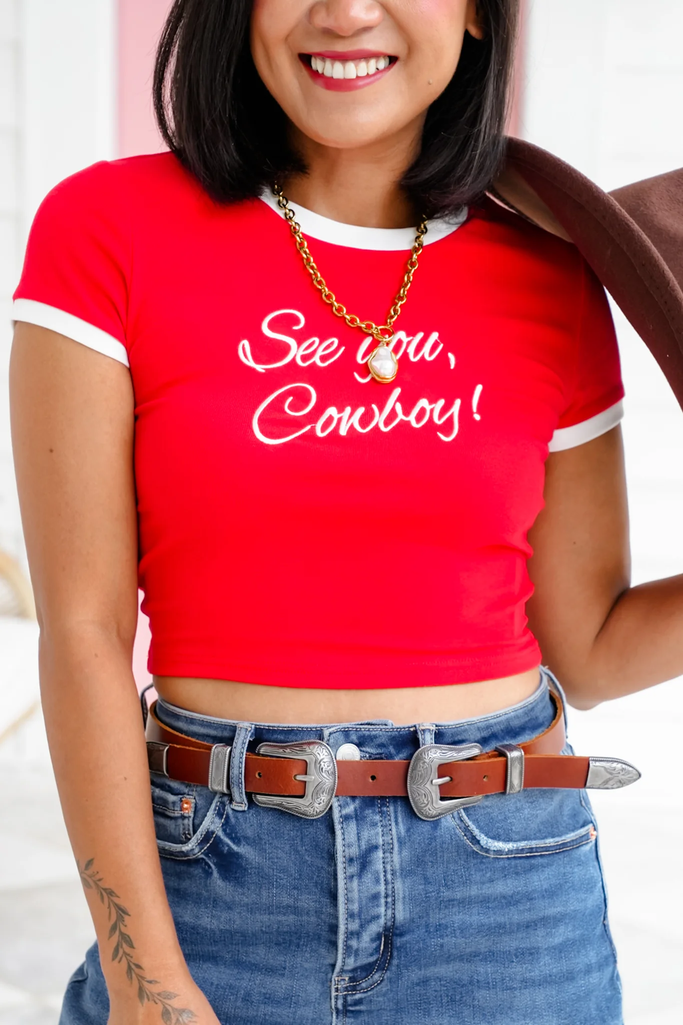 Embroidered "See You, Cowboy" Short Sleeve Crop Top - Image 5
