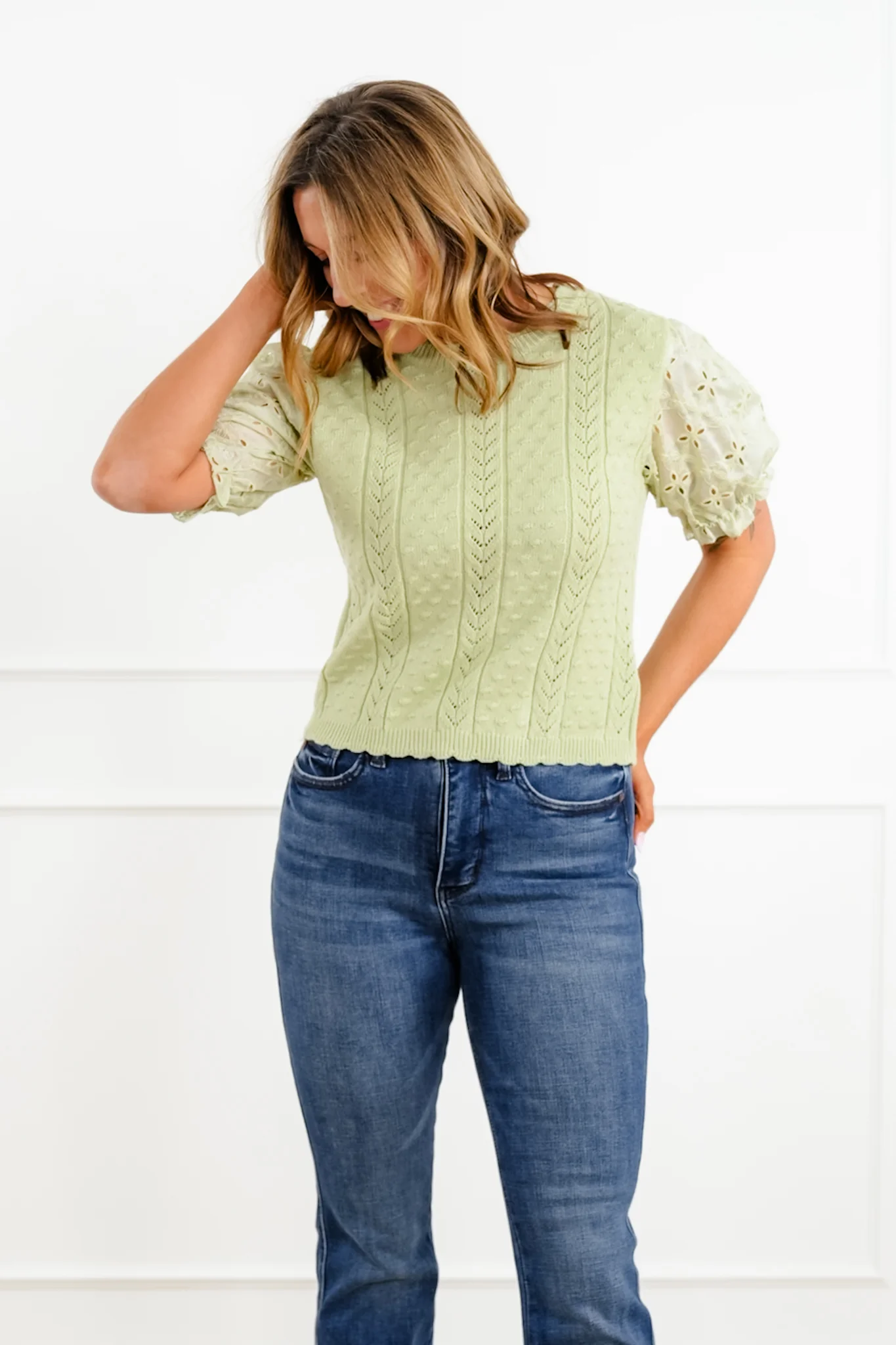 Eyelet Puff Sleeve Knit Top - Image 5
