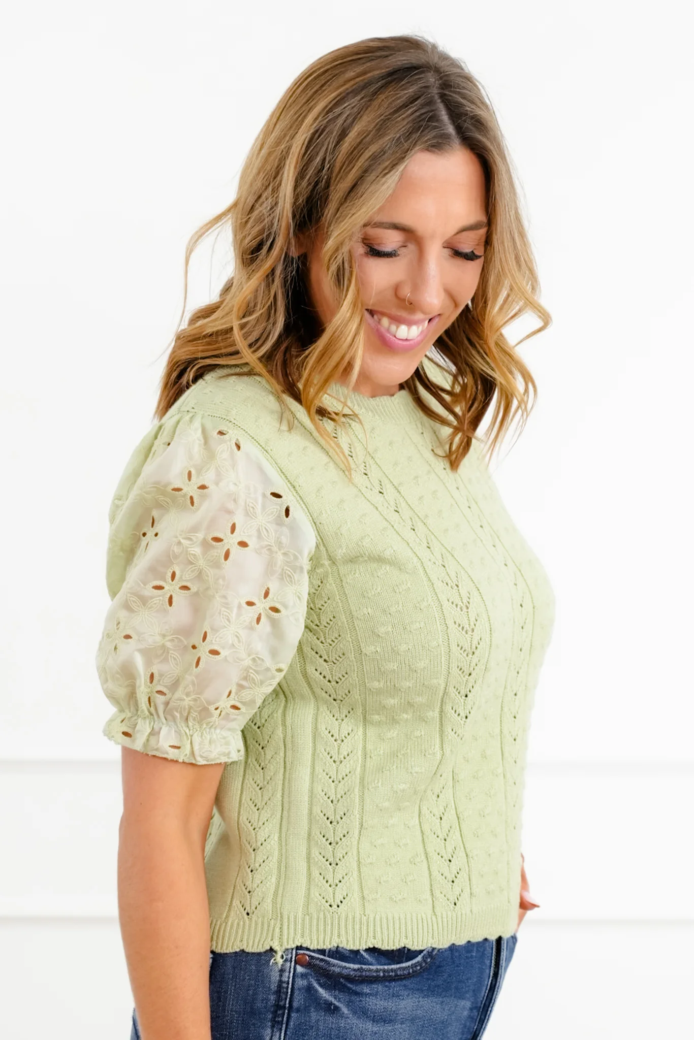 Eyelet Puff Sleeve Knit Top - Image 7