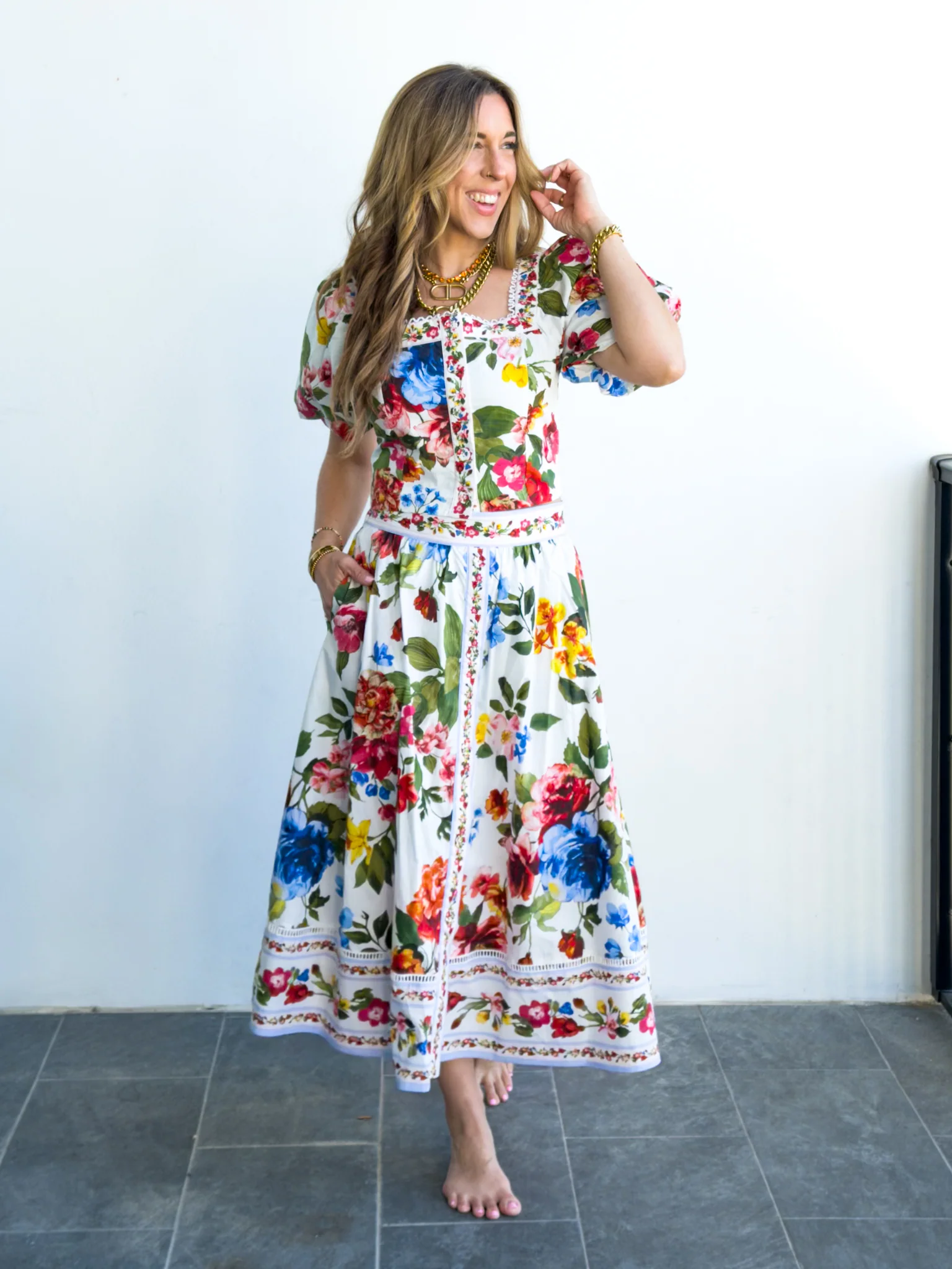 Floral Border Print Midi Skirt with Pockets - Image 4