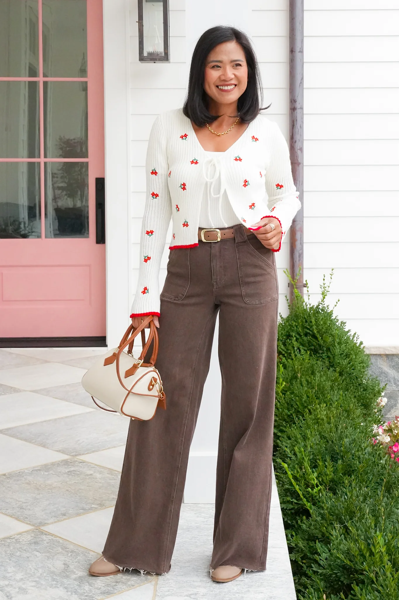 Floral Embroidered Long Sleeve Front Tie Sweater - Image 4