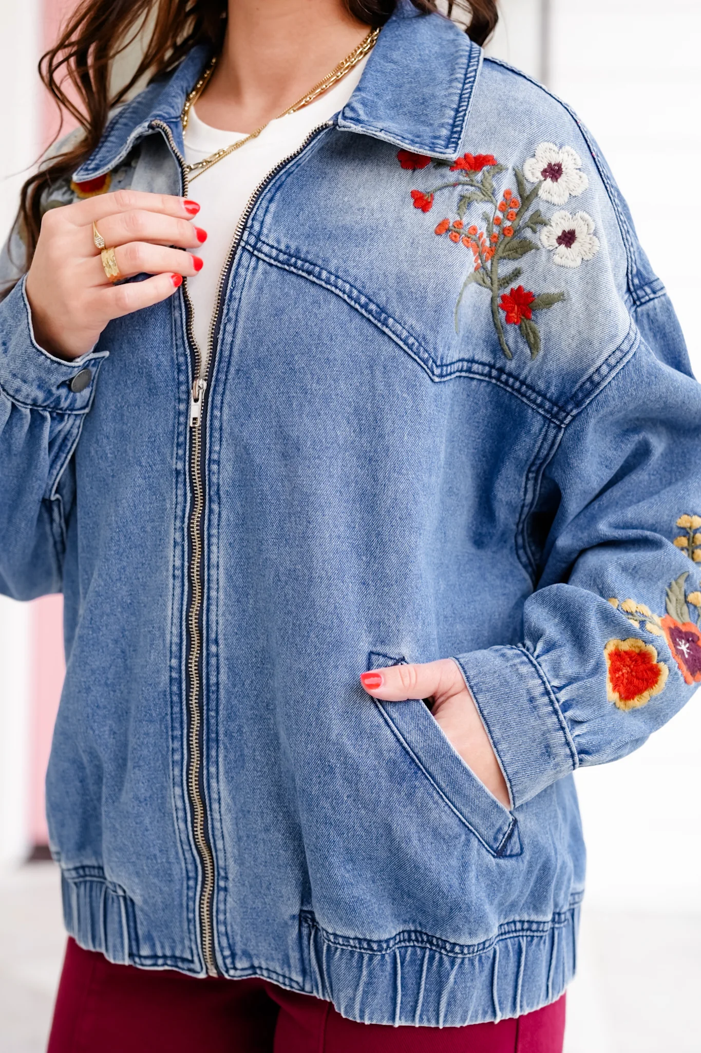 Floral Embroidered Long Sleeve Zip-Up Jacket