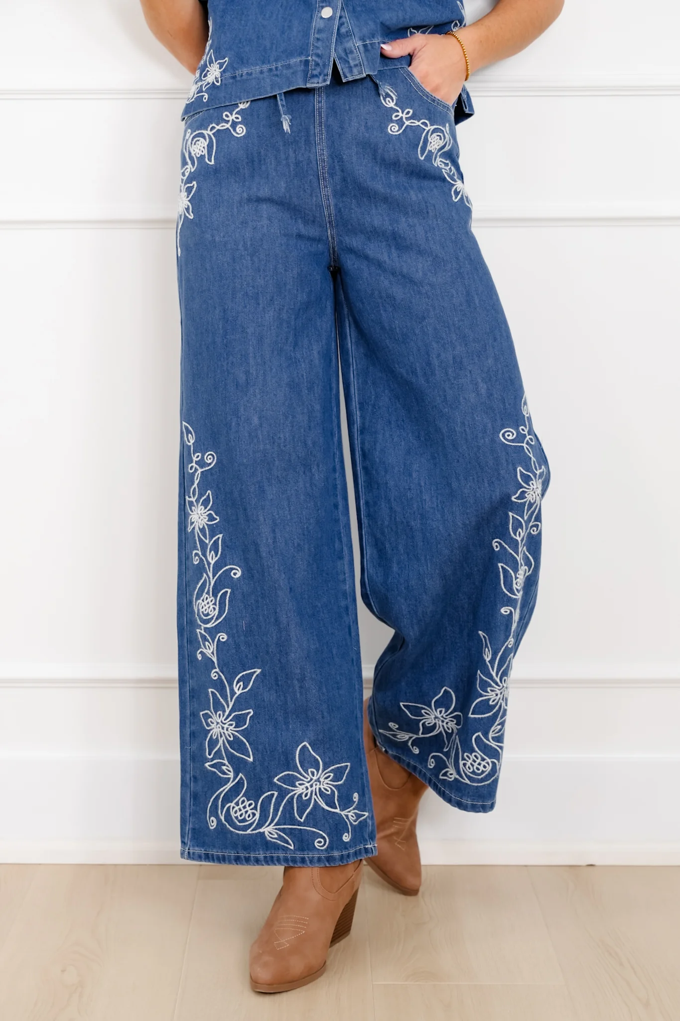 Floral Embroidered Medium Wash Short Sleeve Top and Pants Set - Image 3