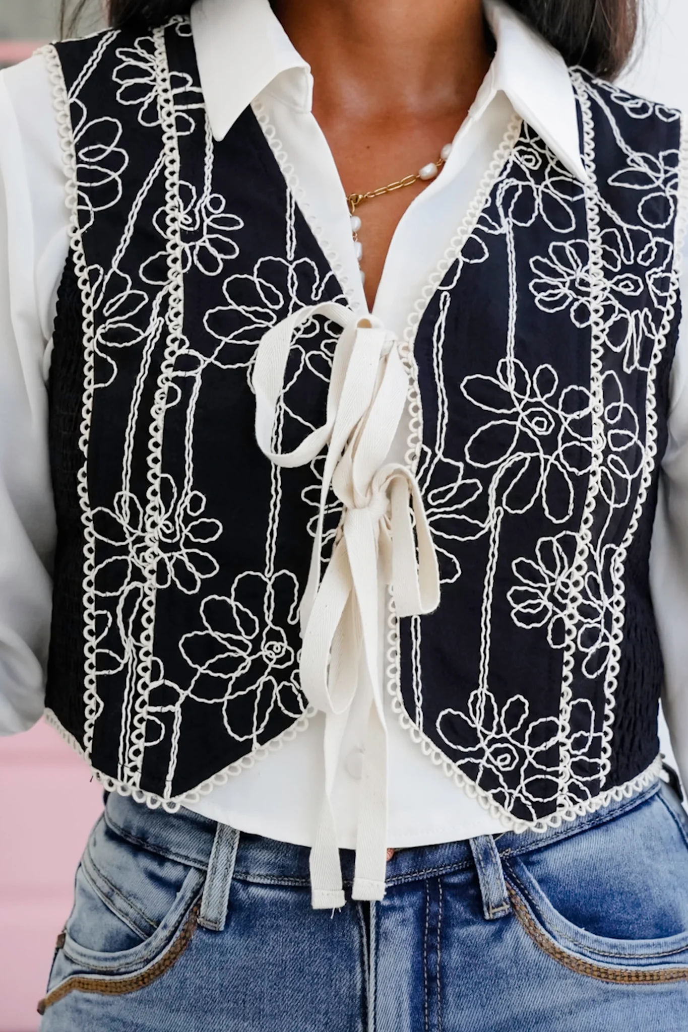 Floral Embroidered Tie Front Vest - Image 3