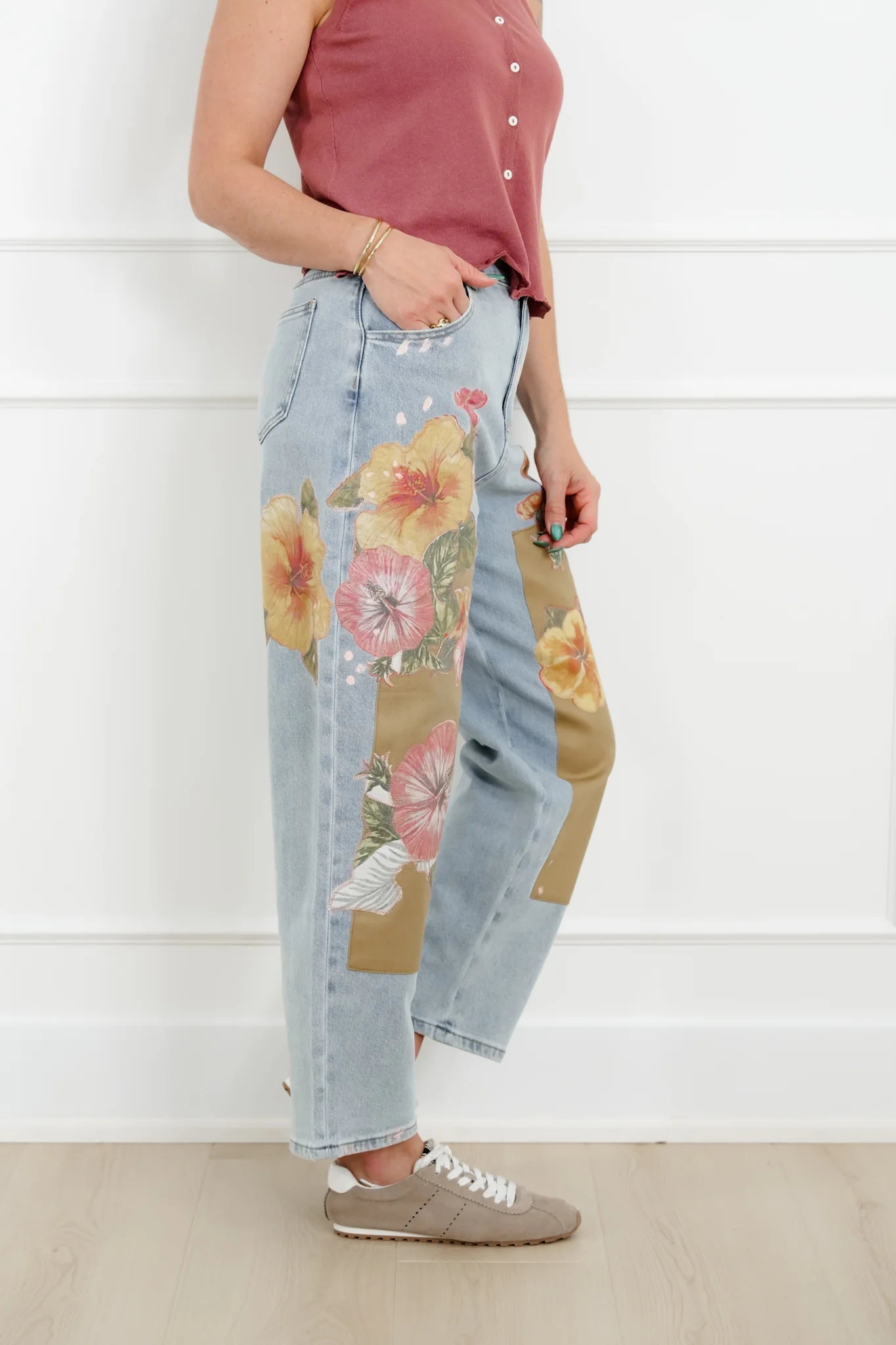Floral Patch Barrel Jeans with Paint Splatter - Image 2