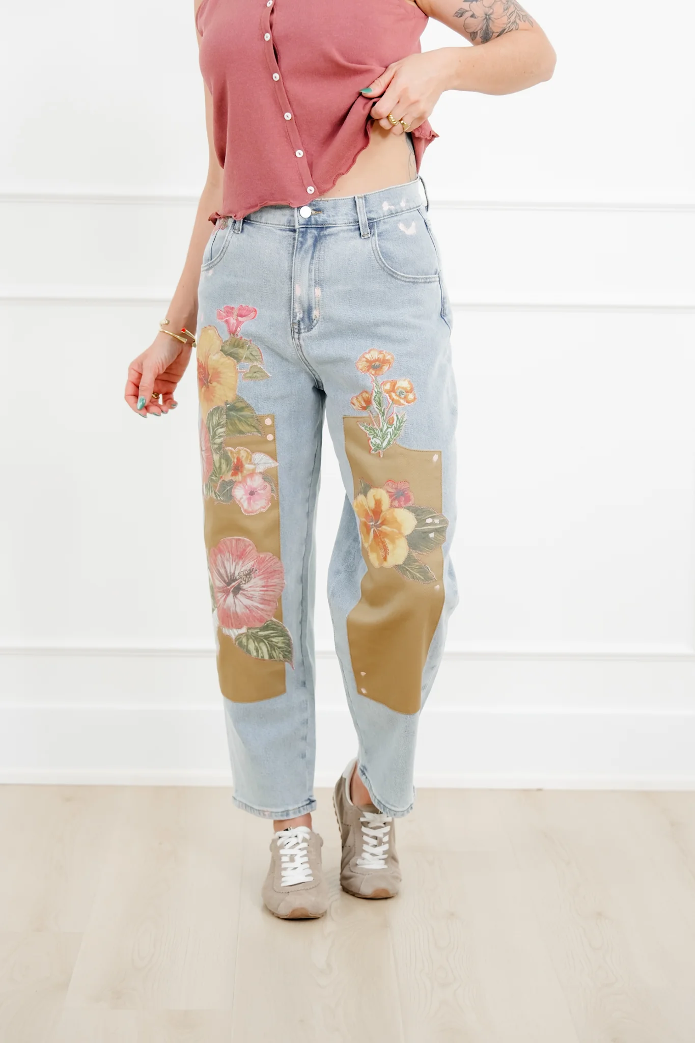 Floral Patch Barrel Jeans with Paint Splatter - Image 4