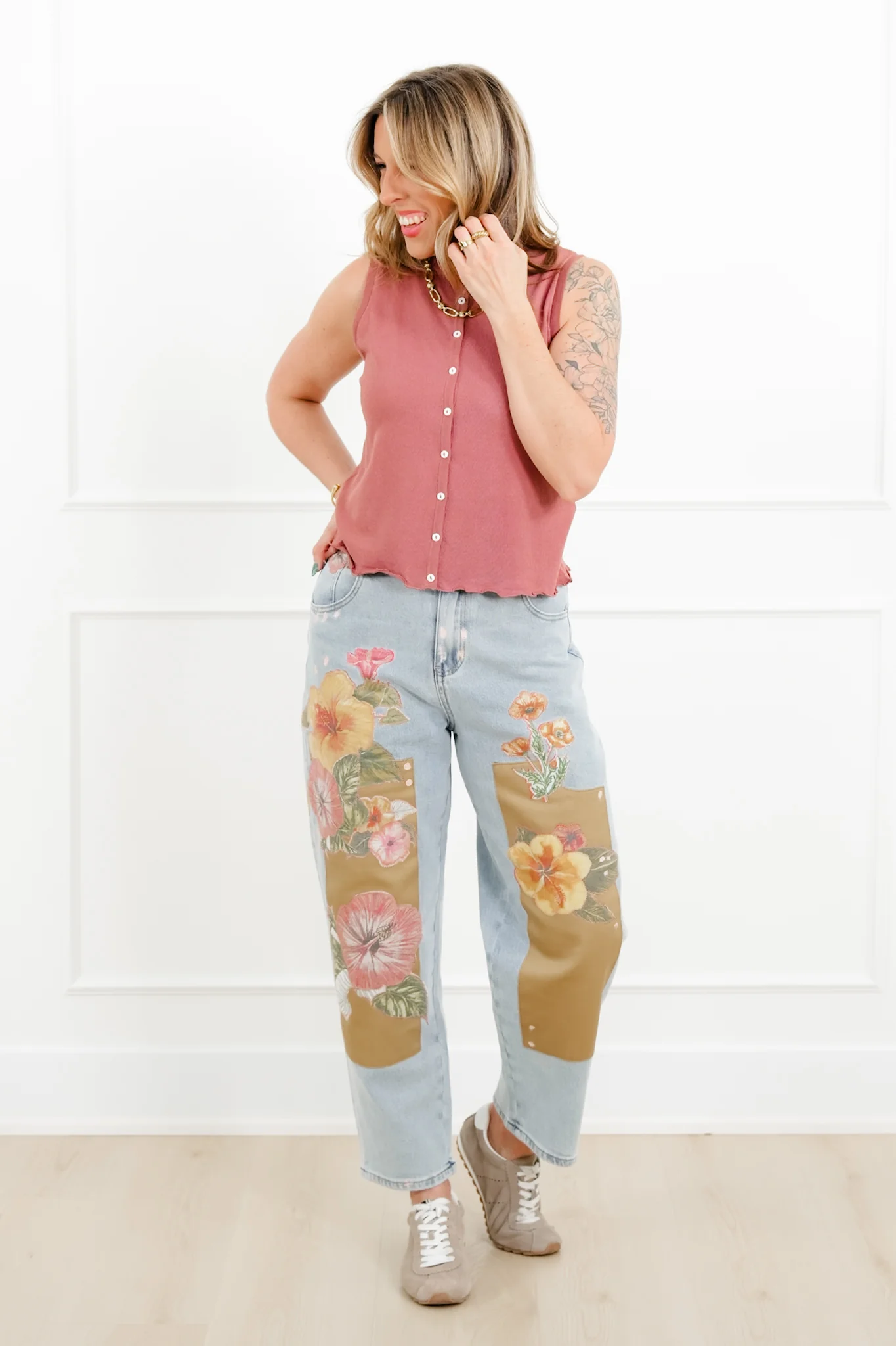 Floral Patch Barrel Jeans with Paint Splatter - Image 6