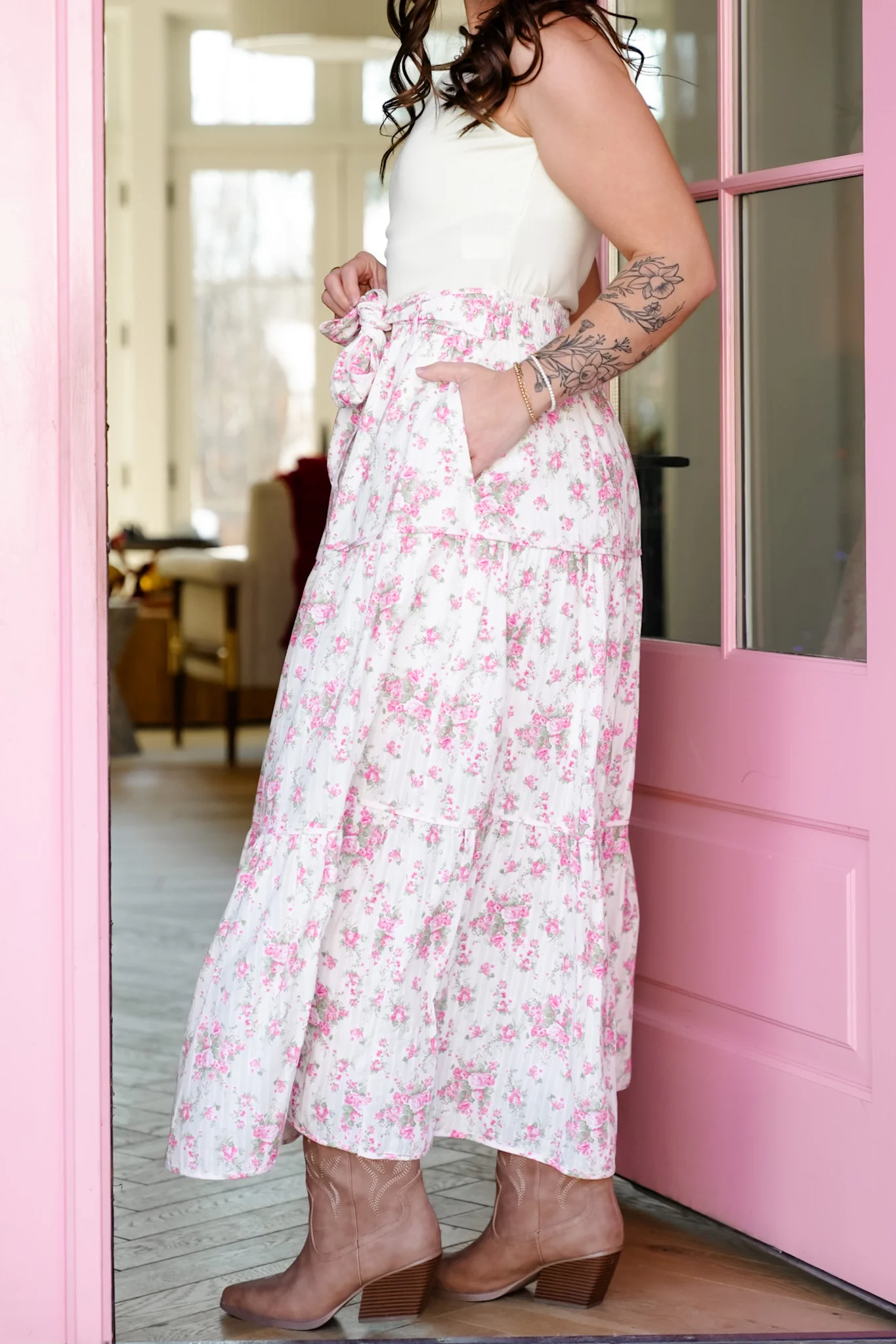 Floral Print Elastic Waist Maxi Skirt with Belt - Image 3