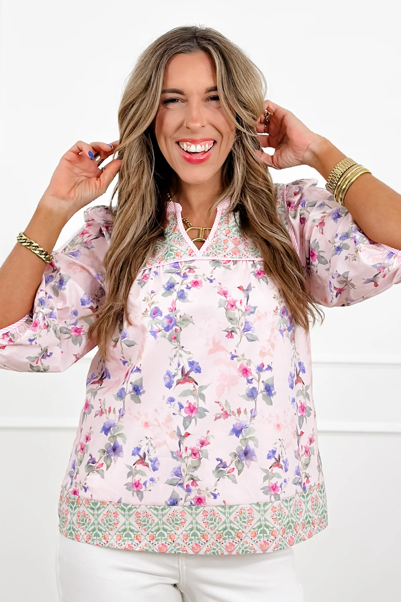 Floral Print Puff Sleeve V  Notch Neck Top