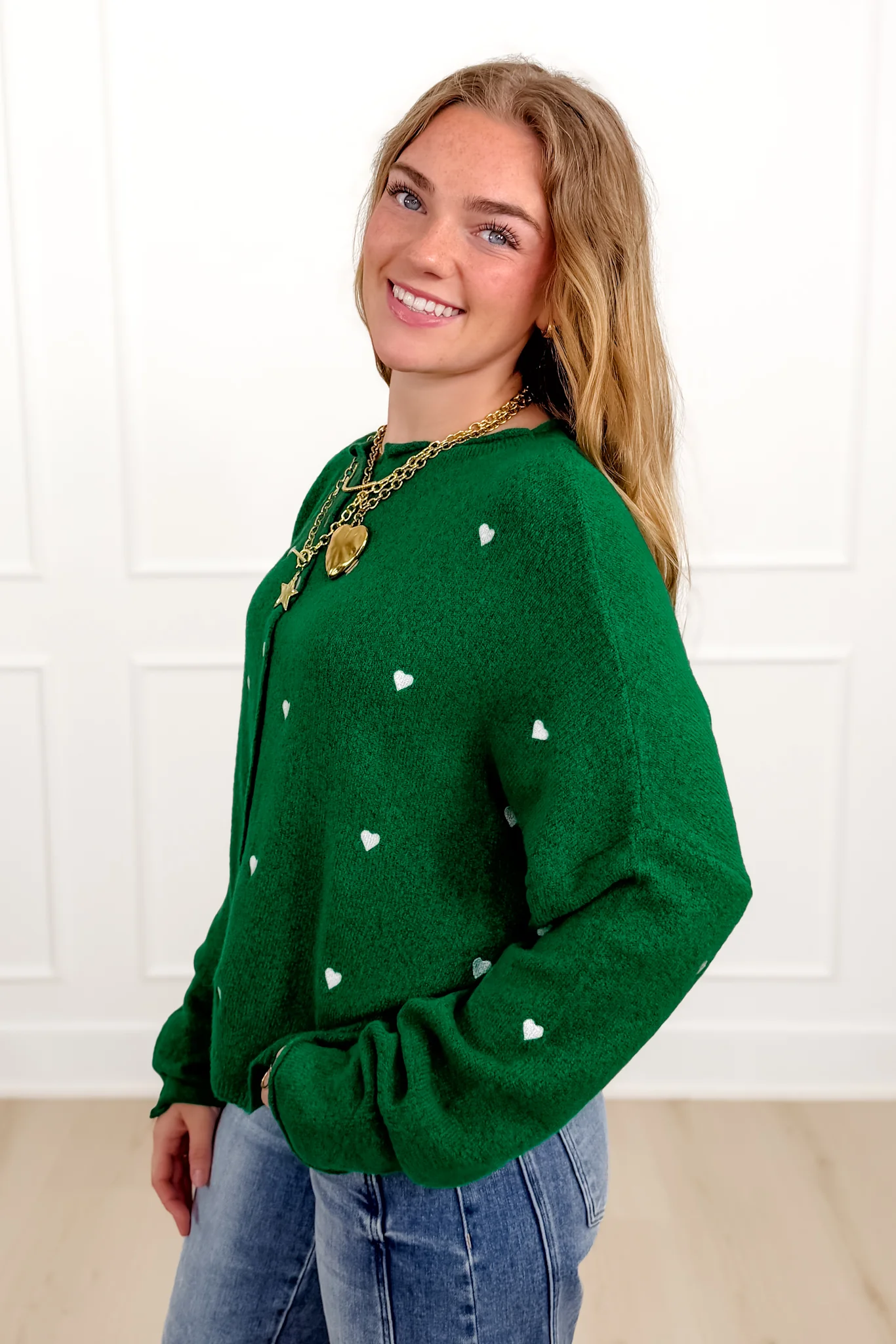 Green Embroidered Hearts Long Sleeve Button Down Cardigan - Image 2