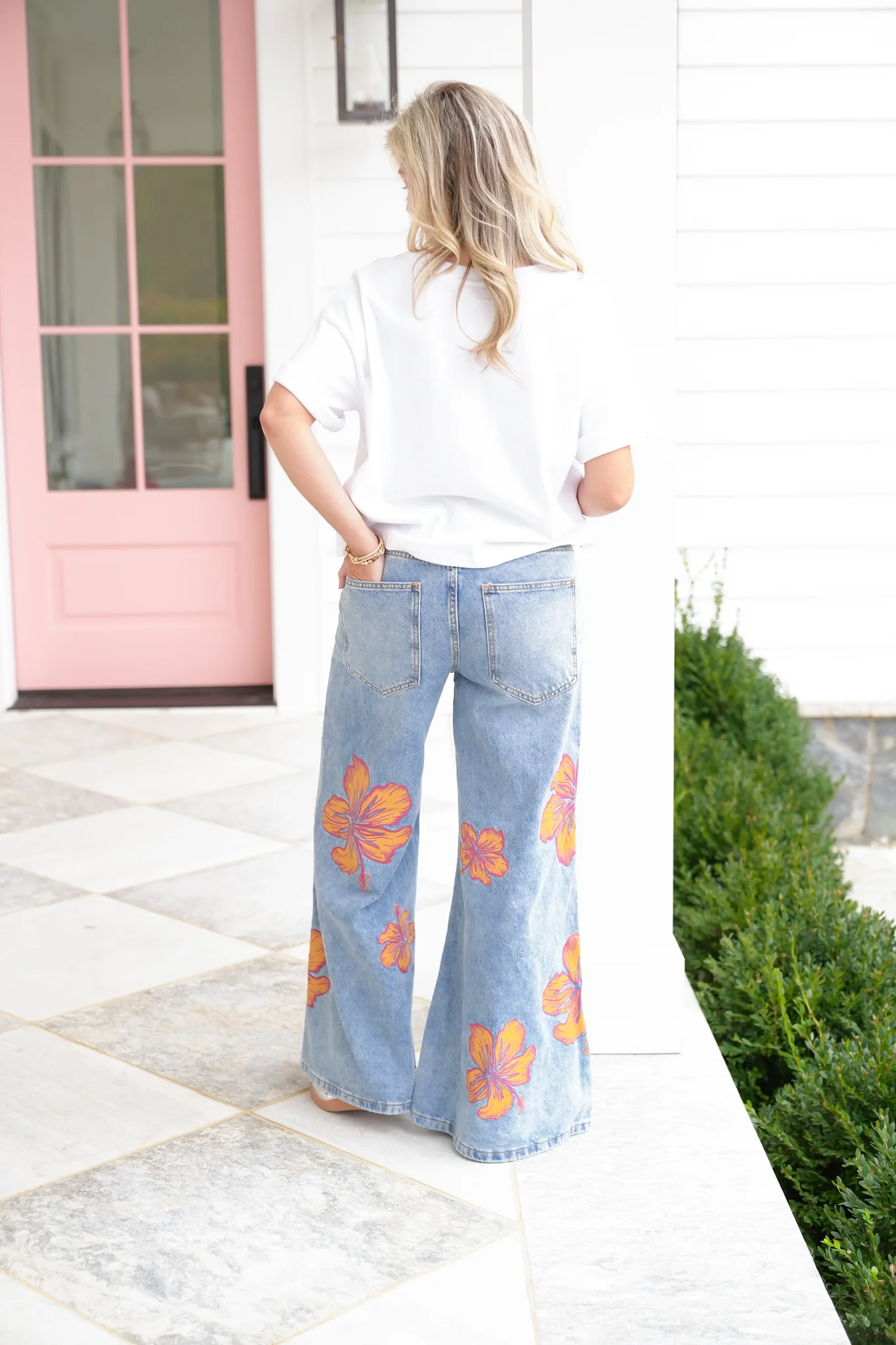 Multi-Inseam Hibiscus Print High Waist Wide Leg Denim Jeans - Image 6