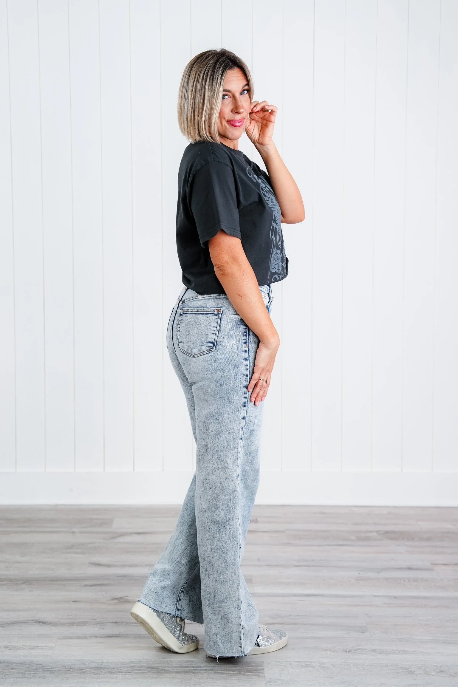 Judy Blue  Bad Blood High Rise Light Mineral Wash Raw Hem Wide Leg Jeans - Image 20