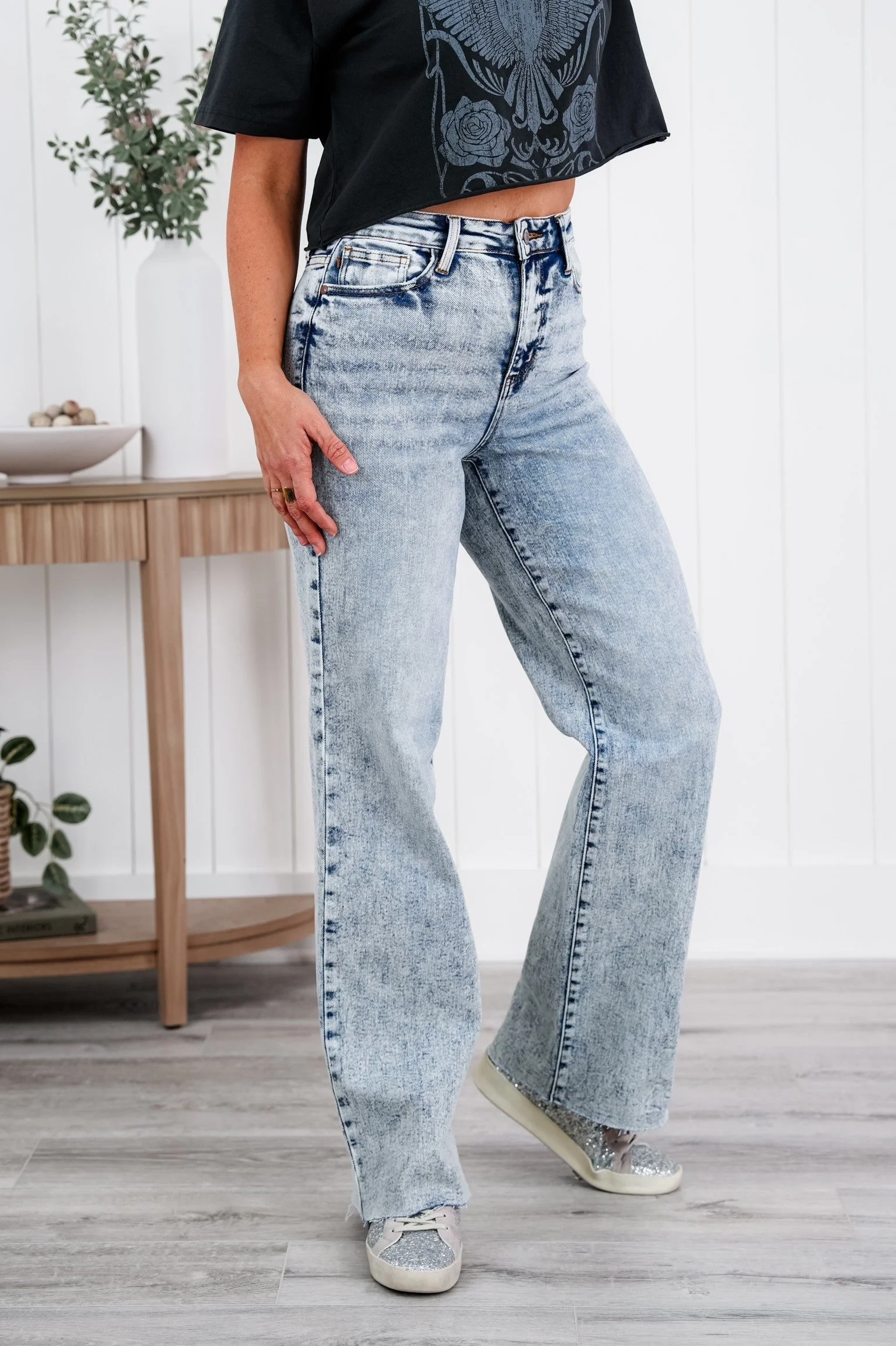 Judy Blue  Bad Blood High Rise Light Mineral Wash Raw Hem Wide Leg Jeans - Image 29