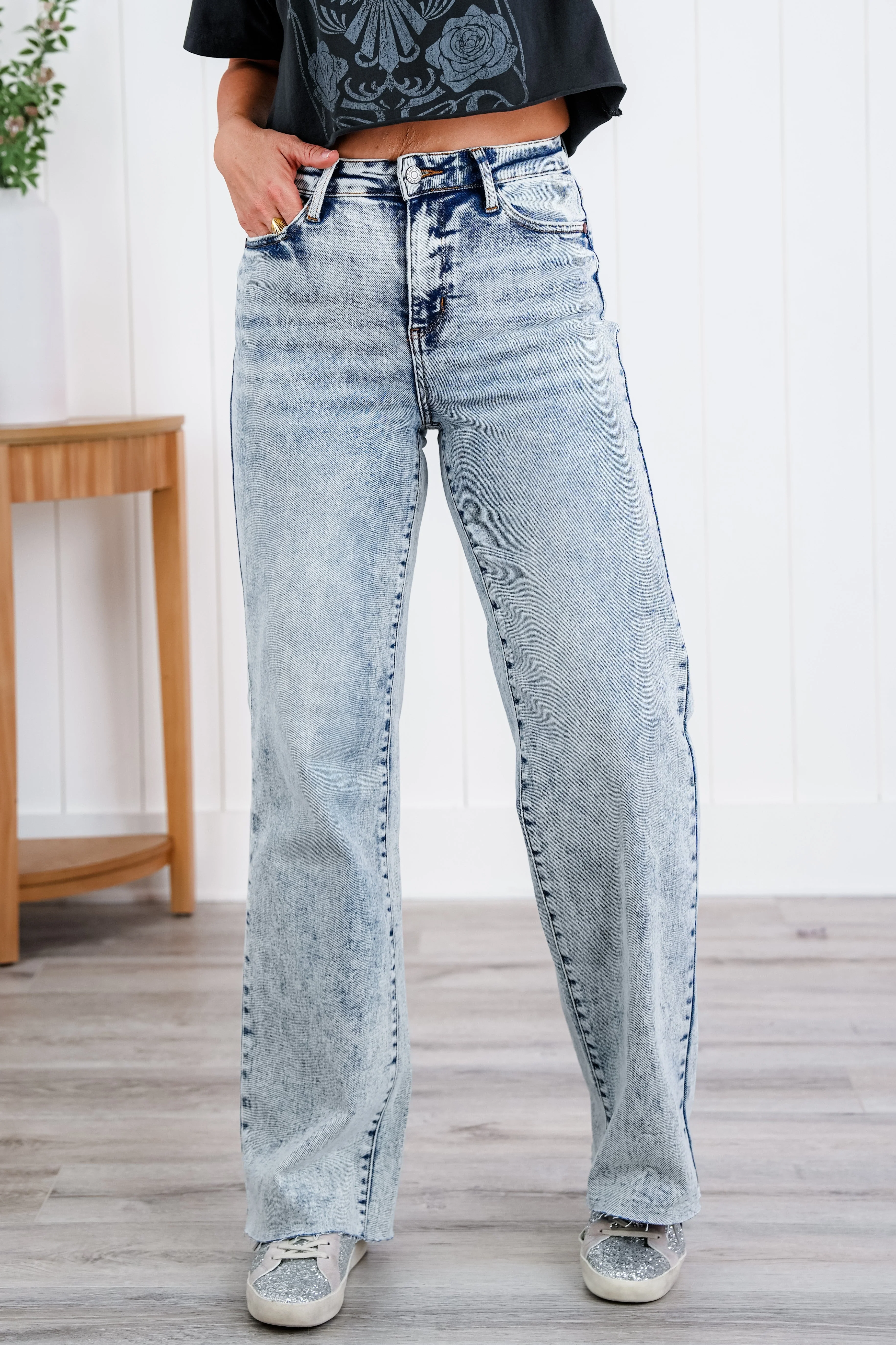 Judy Blue  Bad Blood High Rise Light Mineral Wash Raw Hem Wide Leg Jeans - Image 31