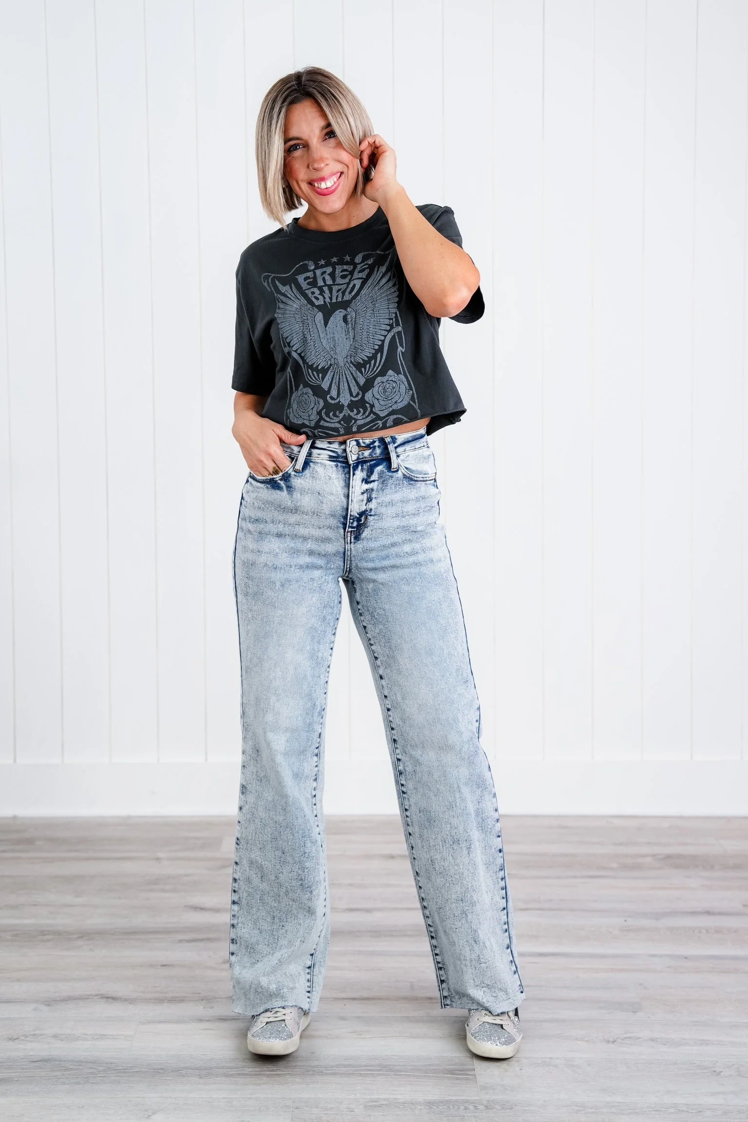 Judy Blue  Bad Blood High Rise Light Mineral Wash Raw Hem Wide Leg Jeans - Image 6