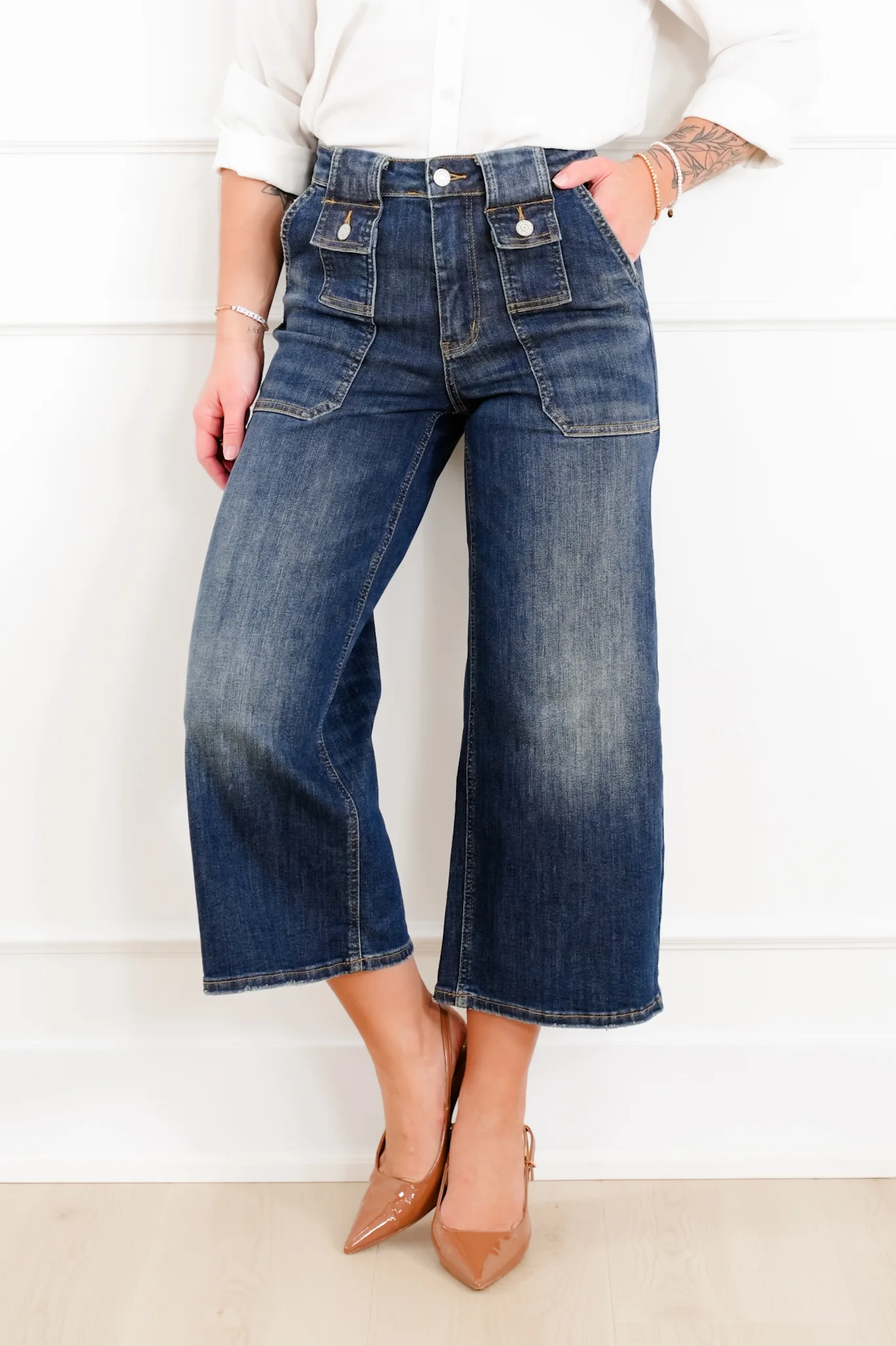 Judy Blue High Rise Dark Crop Wide Leg Jeans with Utility and Patch Pockets - Image 5