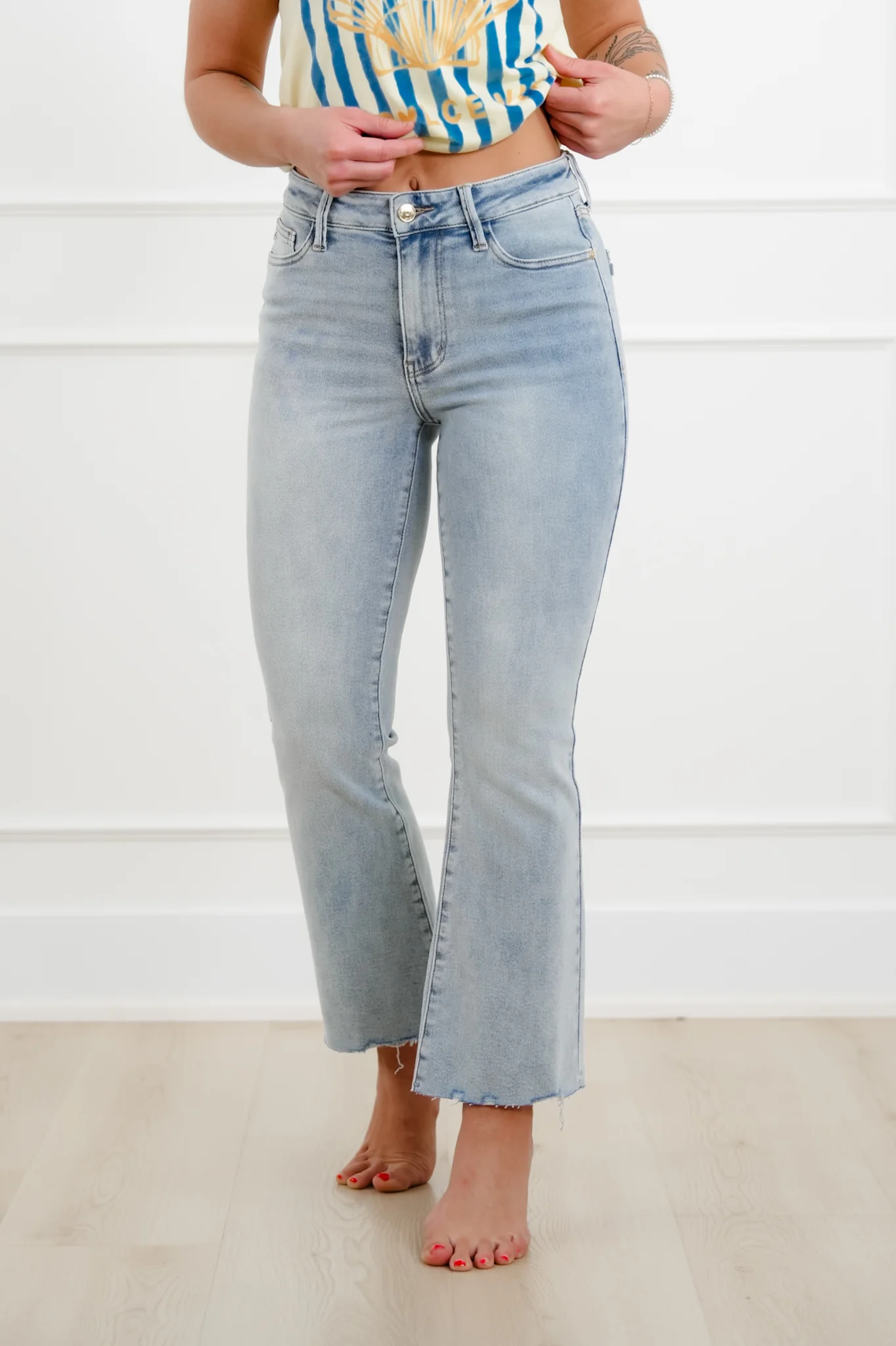 Judy Blue Mid Rise Light Wash Kick flare with Raw Hem - Image 9
