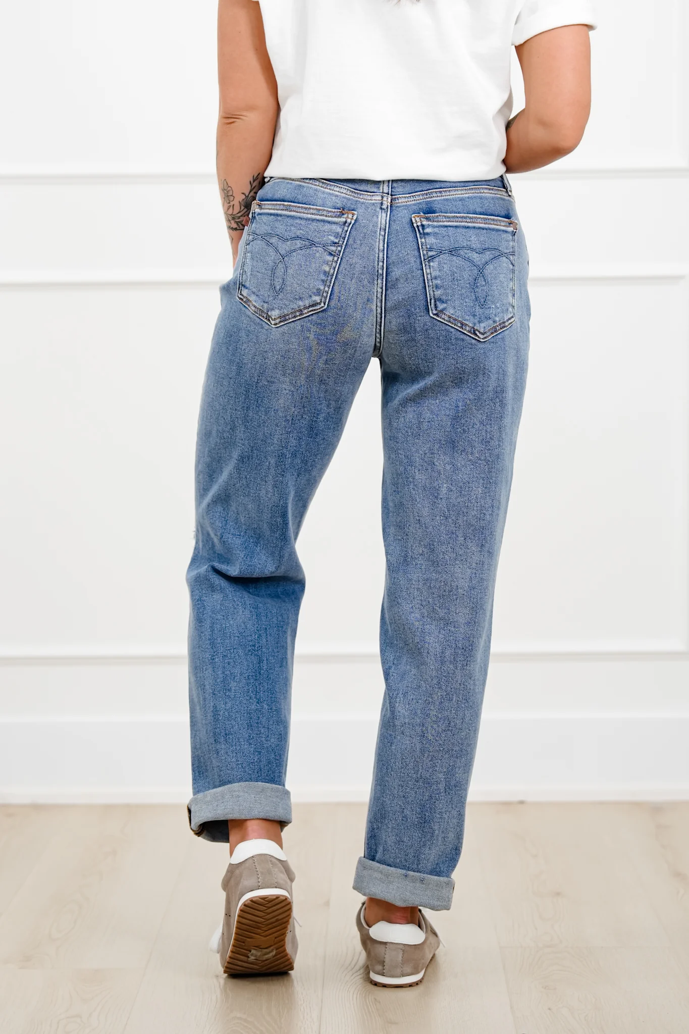 Judy Blue Mid Rise Medium Wash Distressed Boyfriend Jeans with Cuff - Image 5