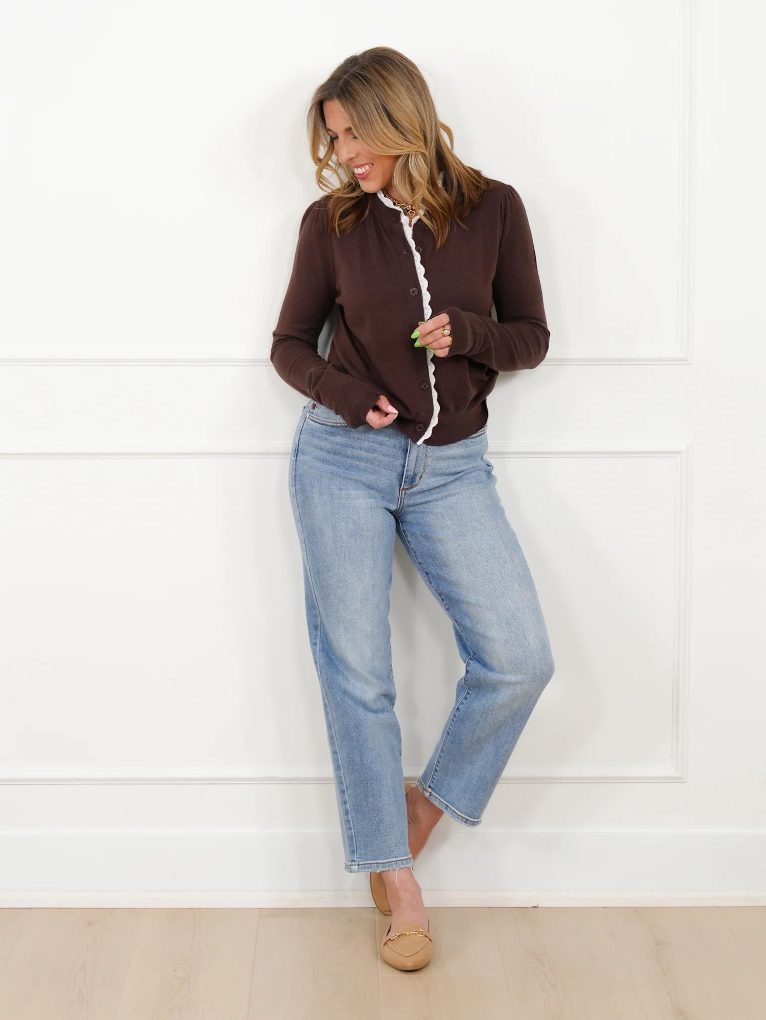 Knit Long Sleeve Button Down Cardigan with Lace Trim - Image 7