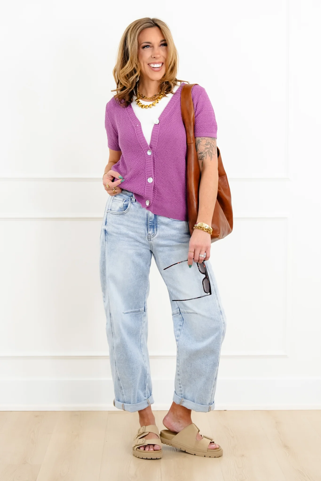 Knit Short Sleeve Button Down Cardigan - Image 2