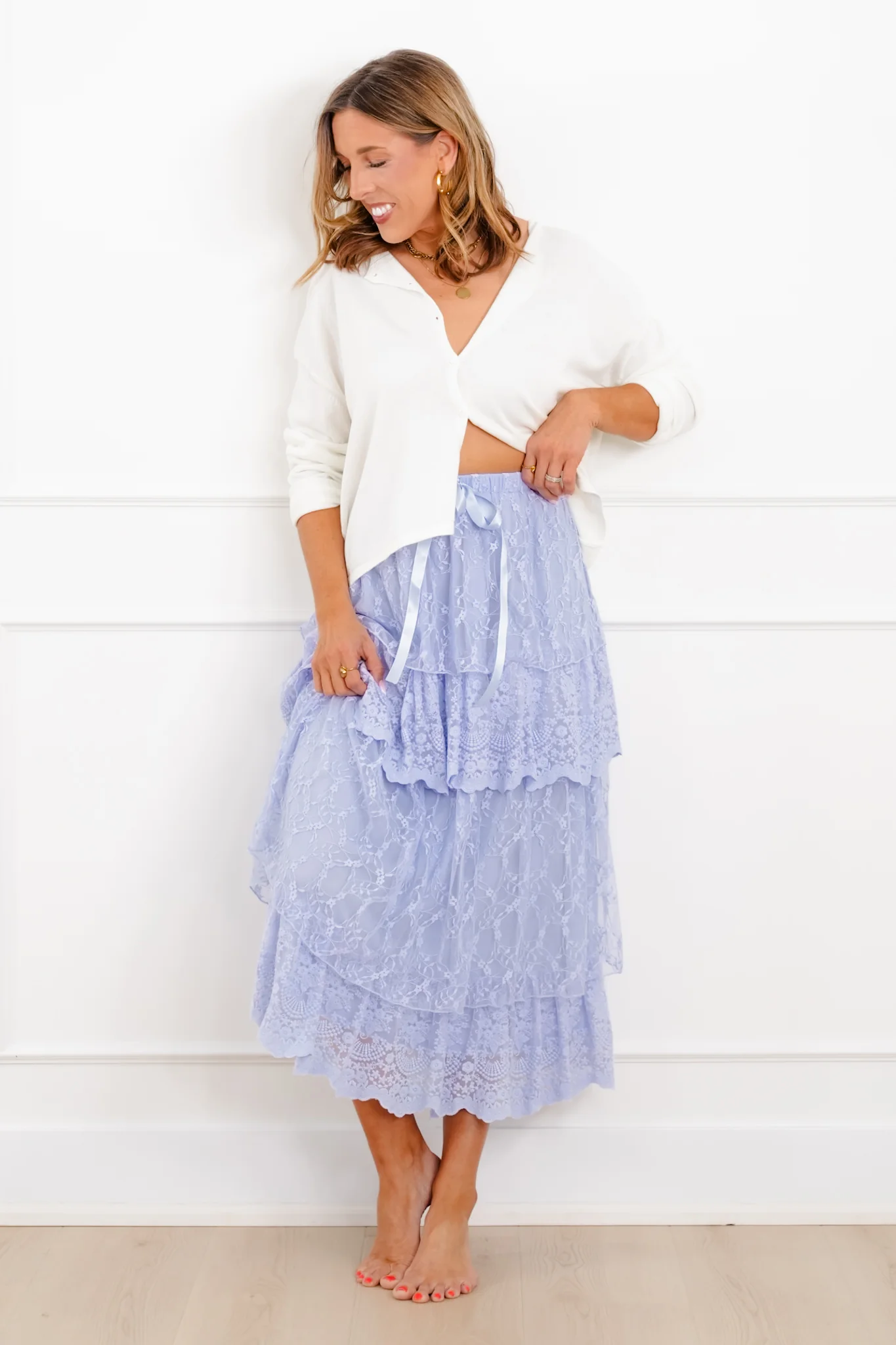 Lace Elastic Waist Tiered Maxi Skirt - Image 5