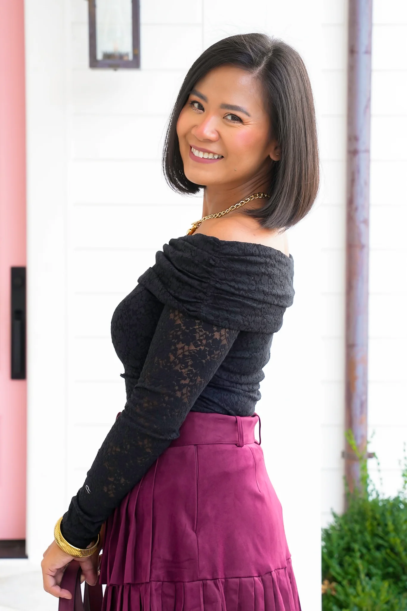 Lace Off Shoulder Long Sleeve Top with Ruched Side - Image 6