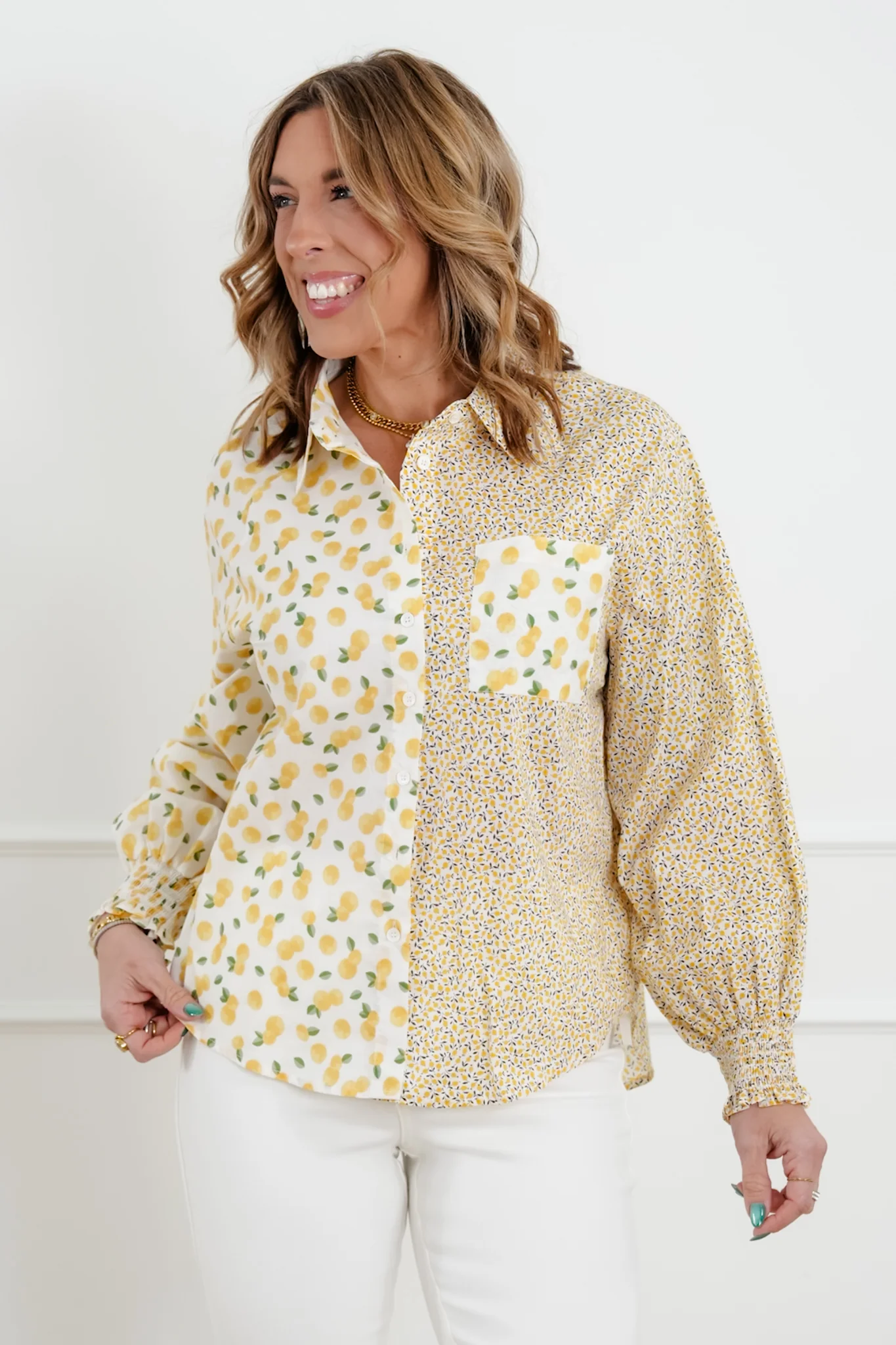 Lemon Print Long Sleeve Button Down Top - Image 5