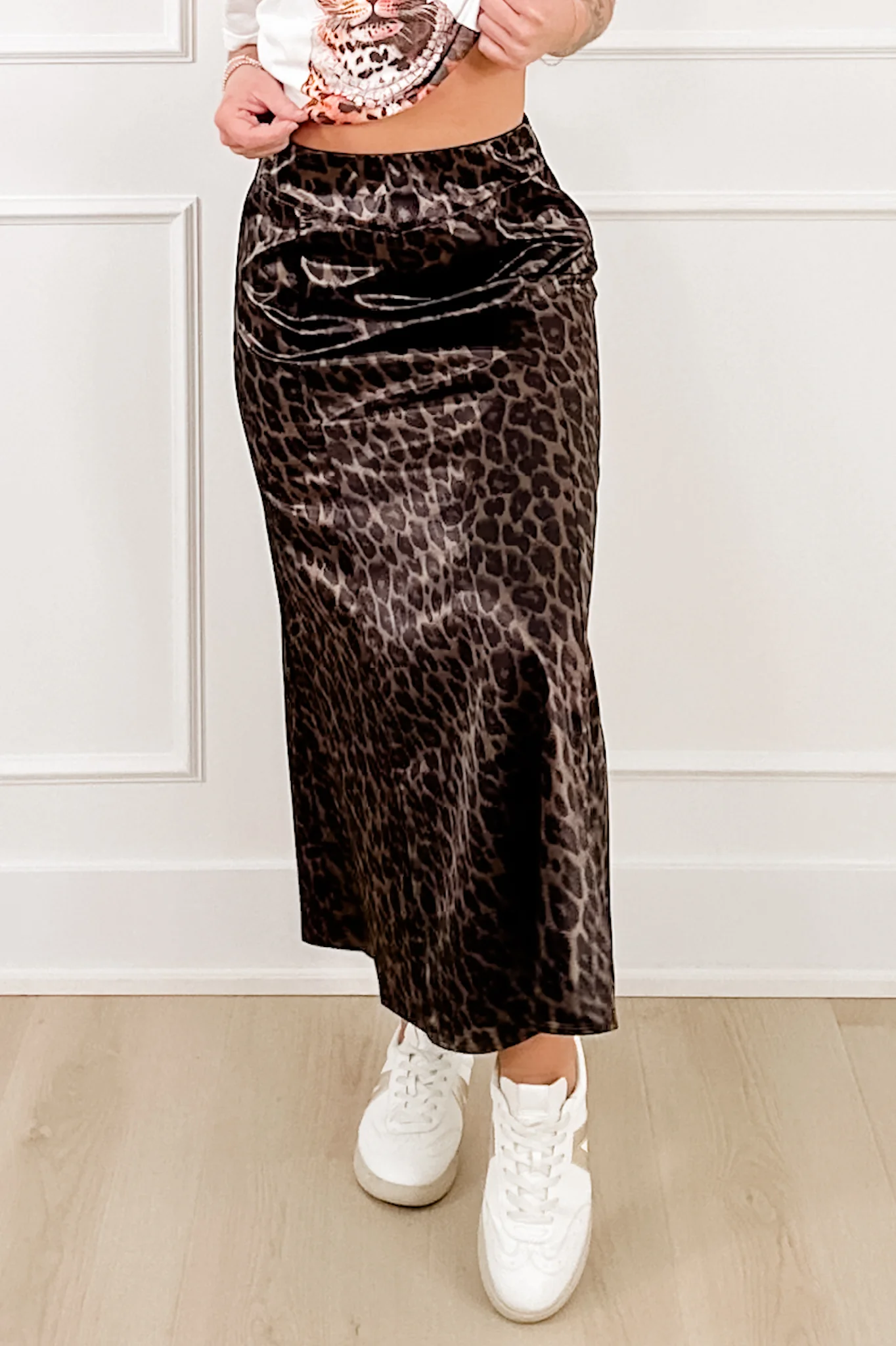 Leopard Print Satin Elastic Waist Midi Skirt