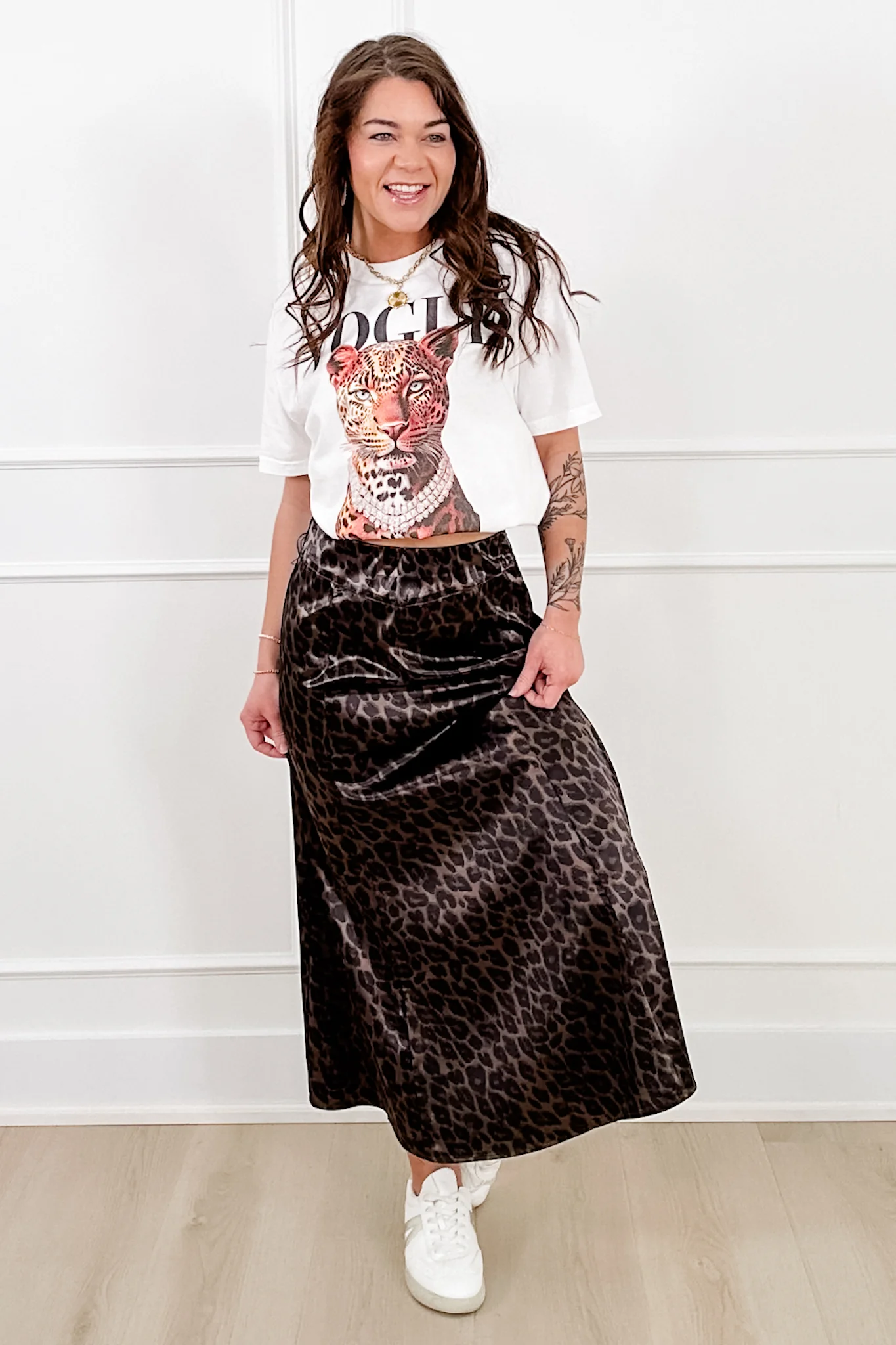 Leopard Print Satin Elastic Waist Midi Skirt - Image 2