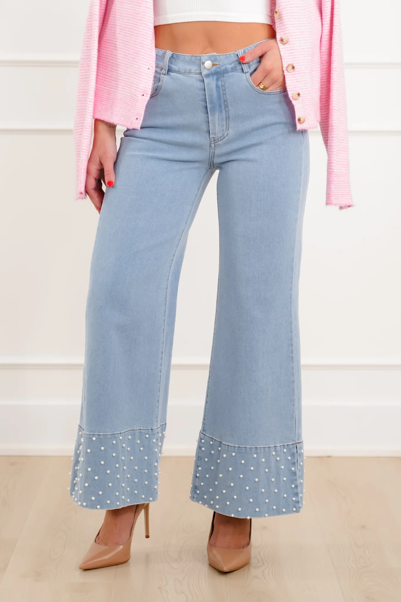 Light Wash Denim Jeans with Pearl Detail