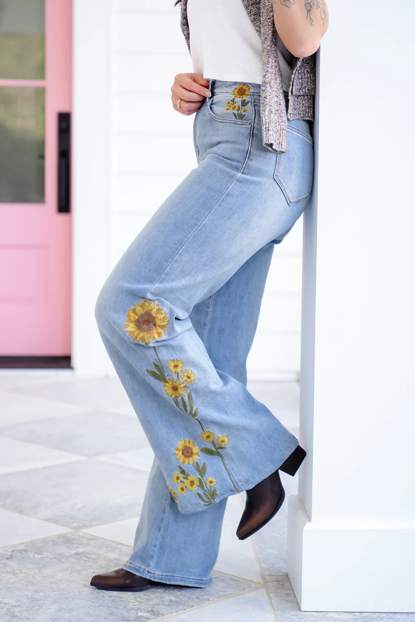 Light Wash Embroidered Sunflower Denim Jeans - Image 10