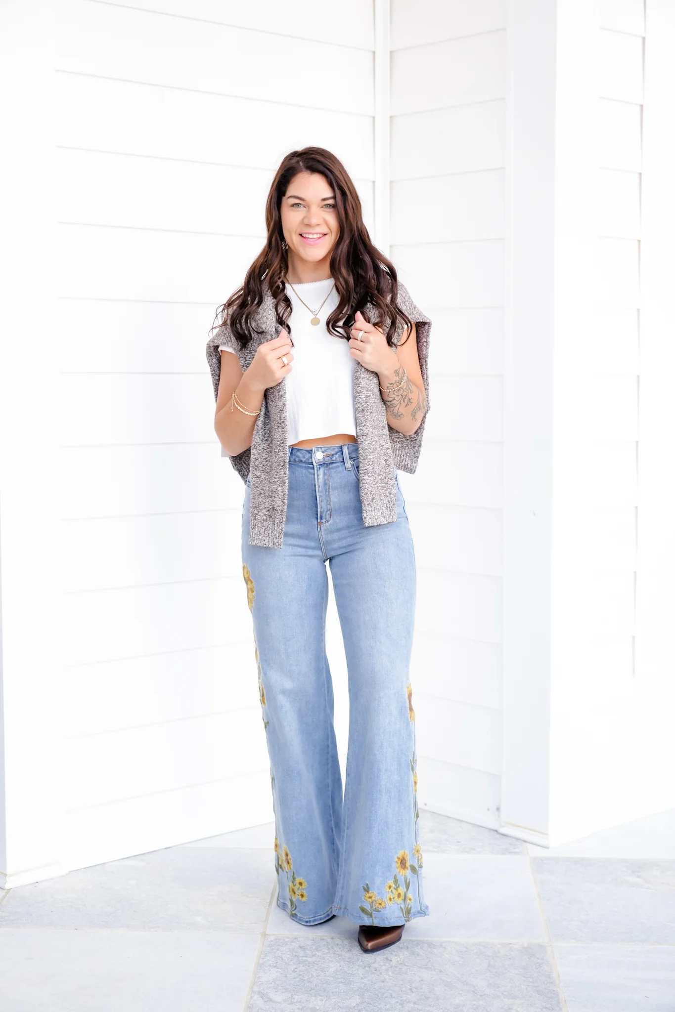Light Wash Embroidered Sunflower Denim Jeans - Image 5