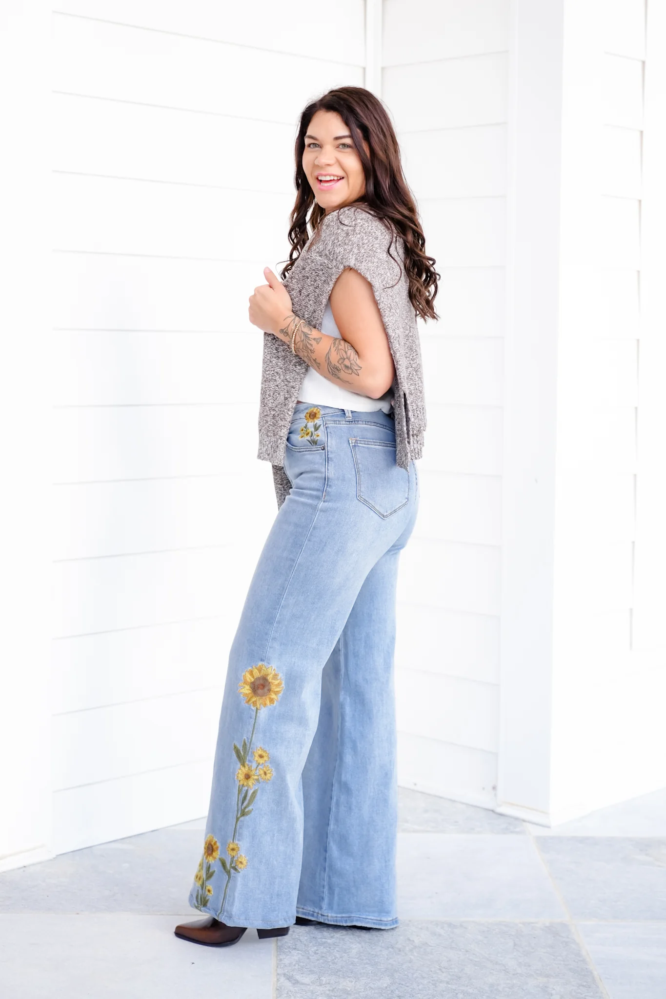 Light Wash Embroidered Sunflower Denim Jeans - Image 6
