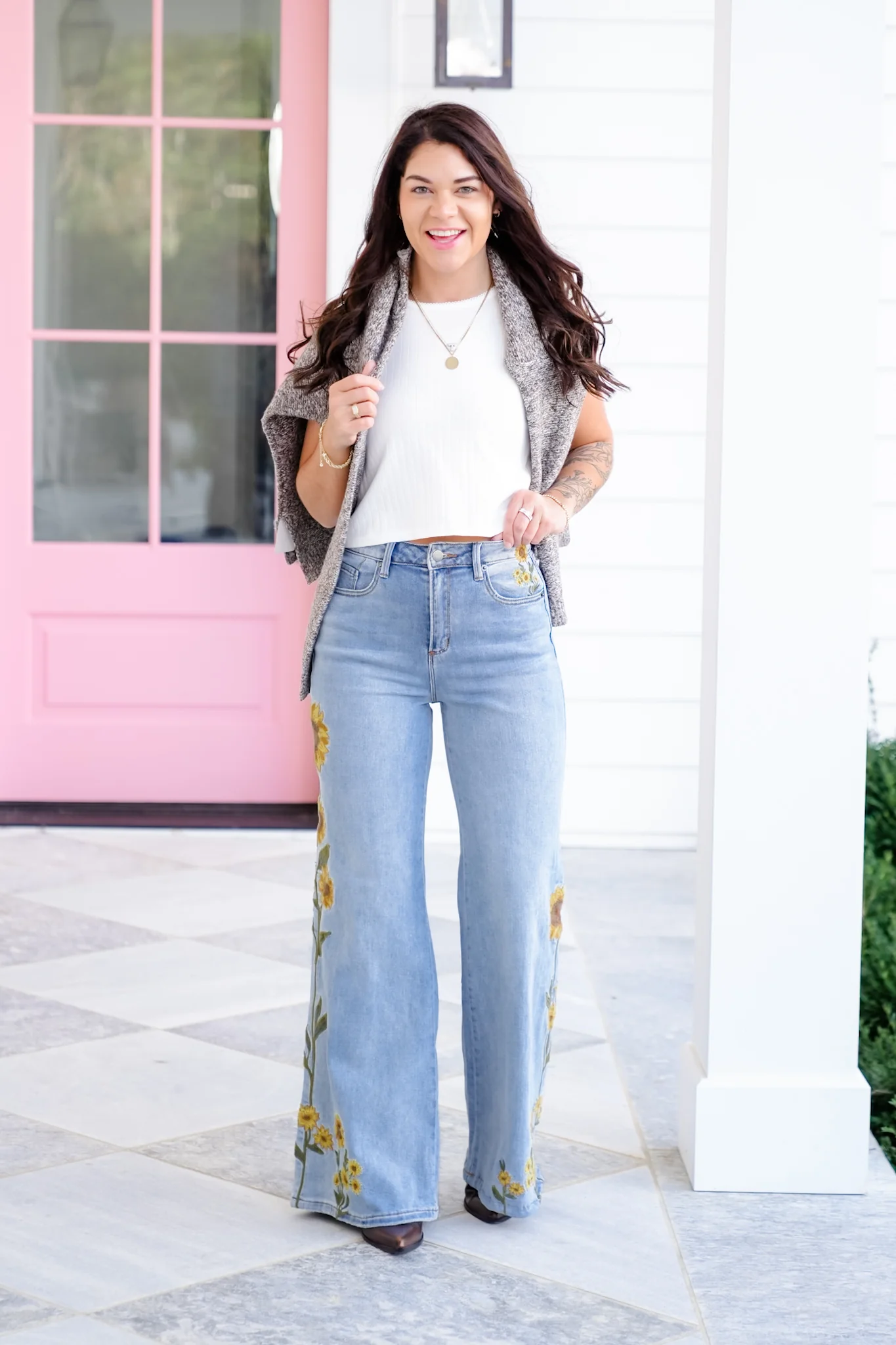 Light Wash Embroidered Sunflower Denim Jeans - Image 8