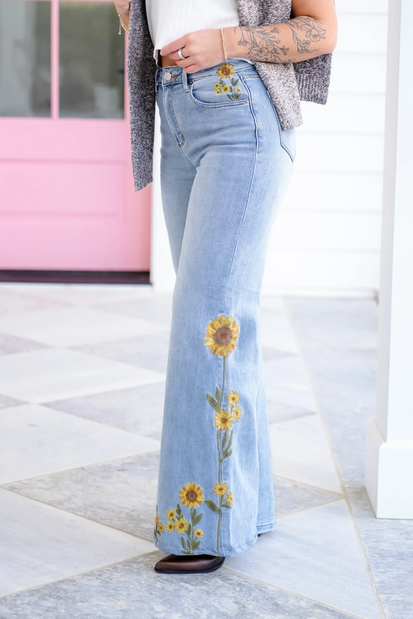 Light Wash Embroidered Sunflower Denim Jeans - Image 9