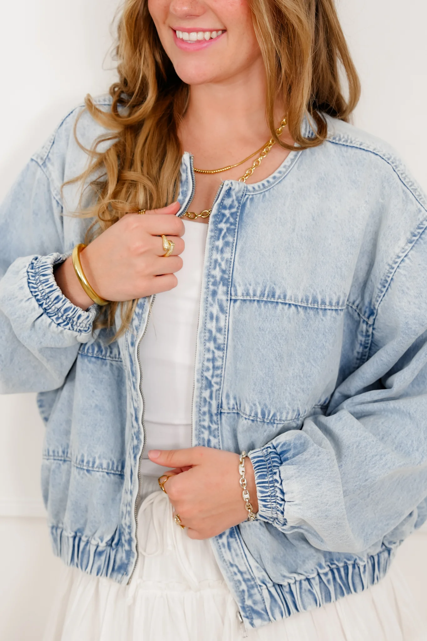 Light Wash Long Sleeve Zip-Up Bomber Jacket