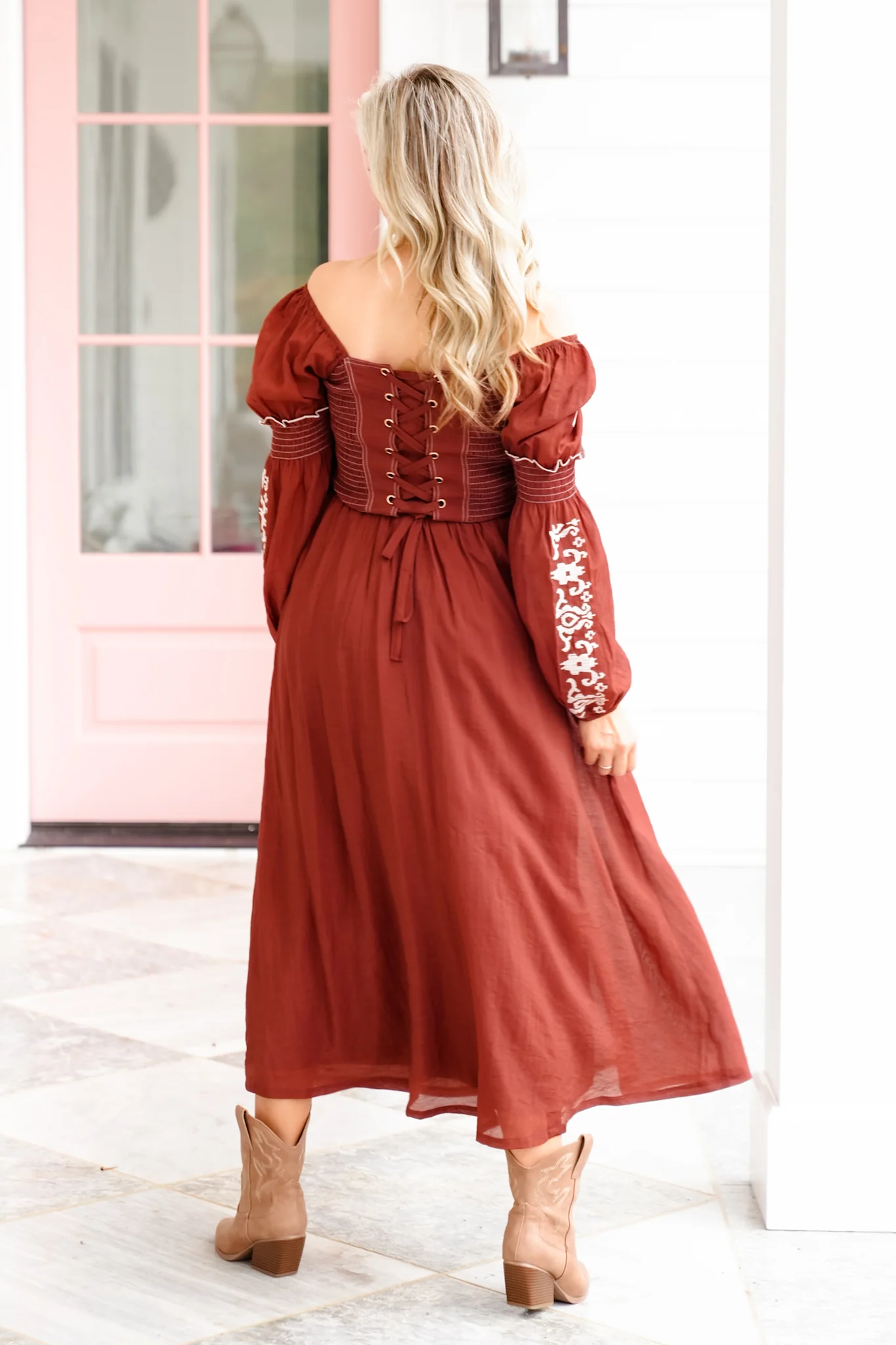 Long Puff Sleeve Square Neck Maxi Dress with Embroidered - Image 4