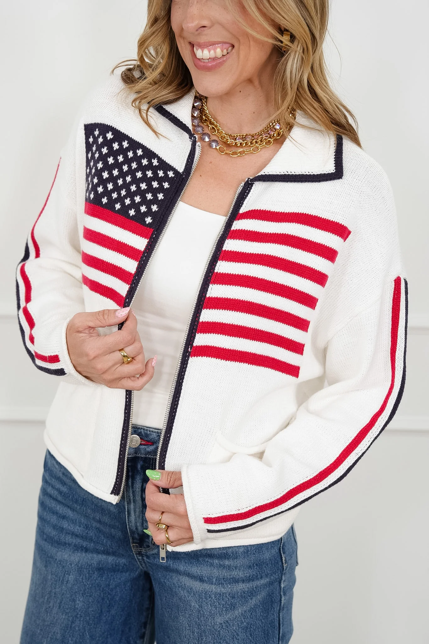 Long Sleeve American Flag Zip-Up Sweater Jacket - Image 2