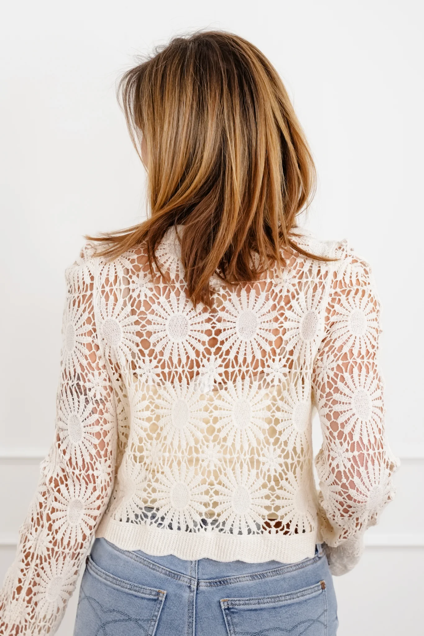 Long Sleeve Floral Crochet Button Down Cardigan - Image 9