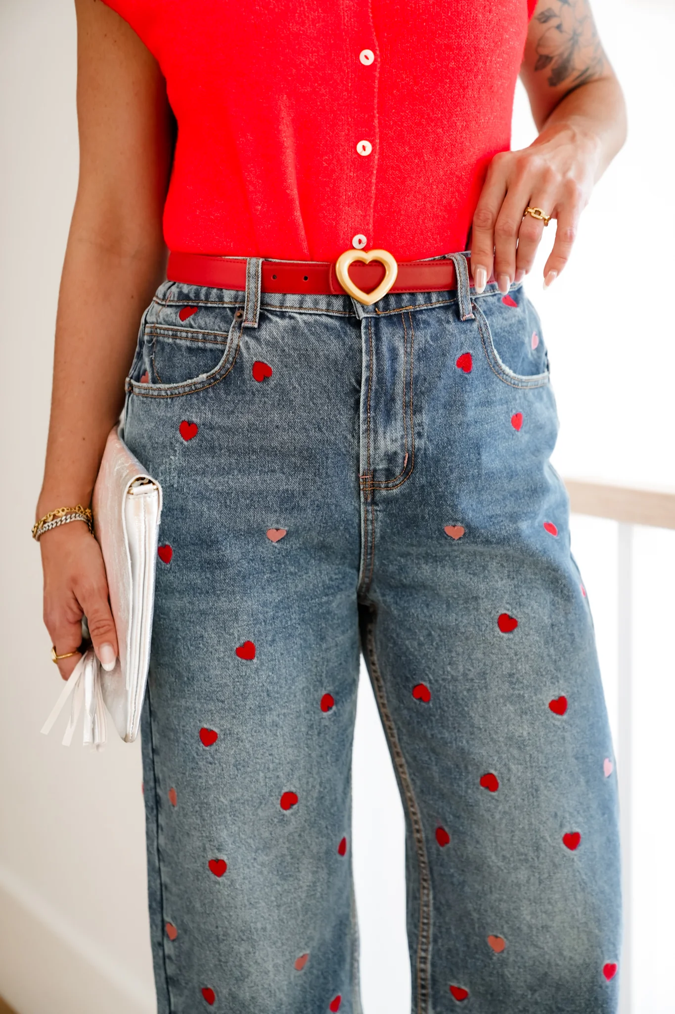 Medium Washed High Rise Embroidered Hearts Jeans - Image 3