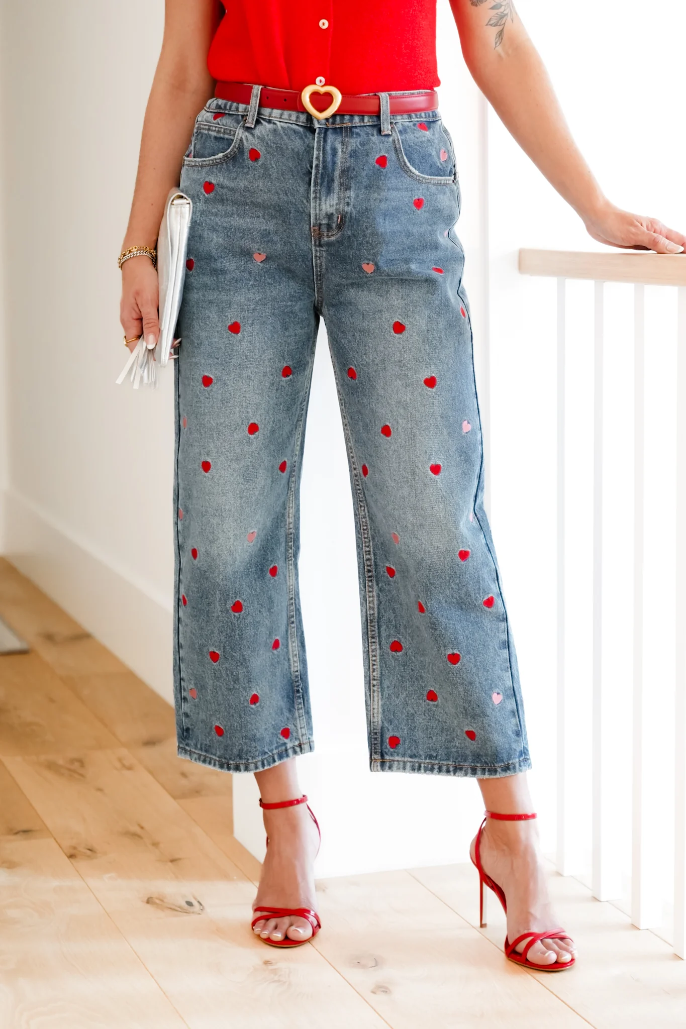 Medium Washed High Rise Embroidered Hearts Jeans - Image 4