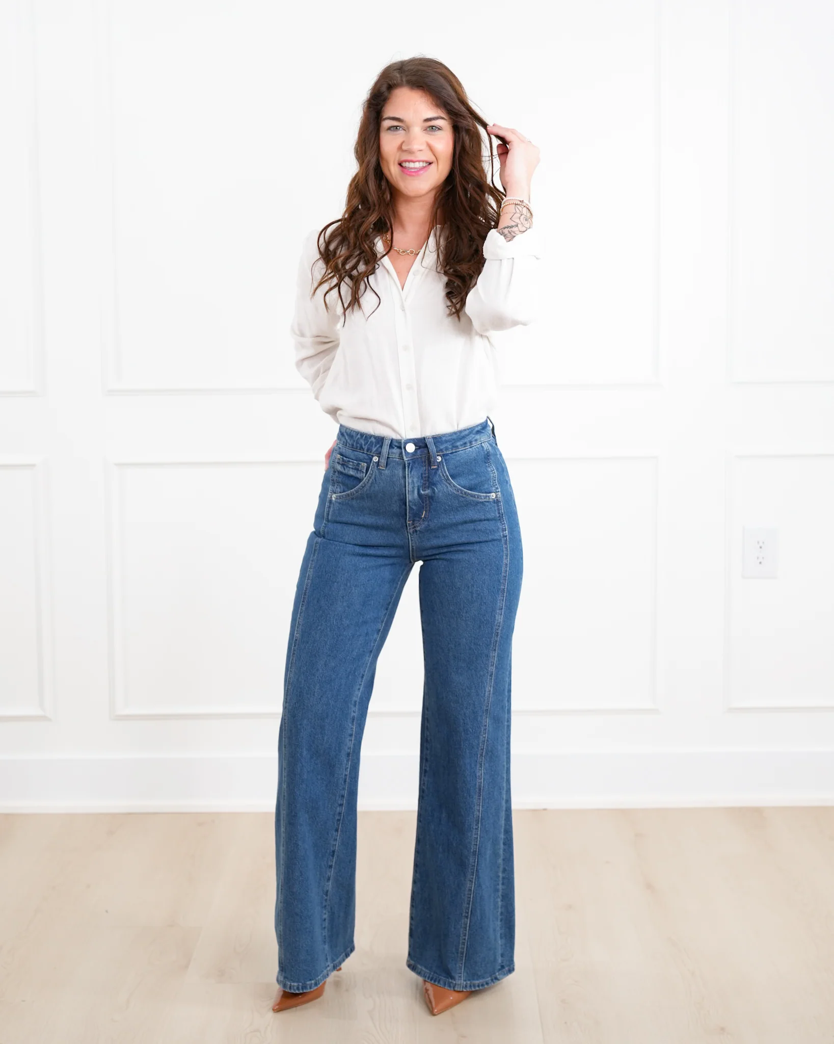 Mica High Rise Dark Wash Tummy Control Side Panel Wide Leg Jeans - Image 3
